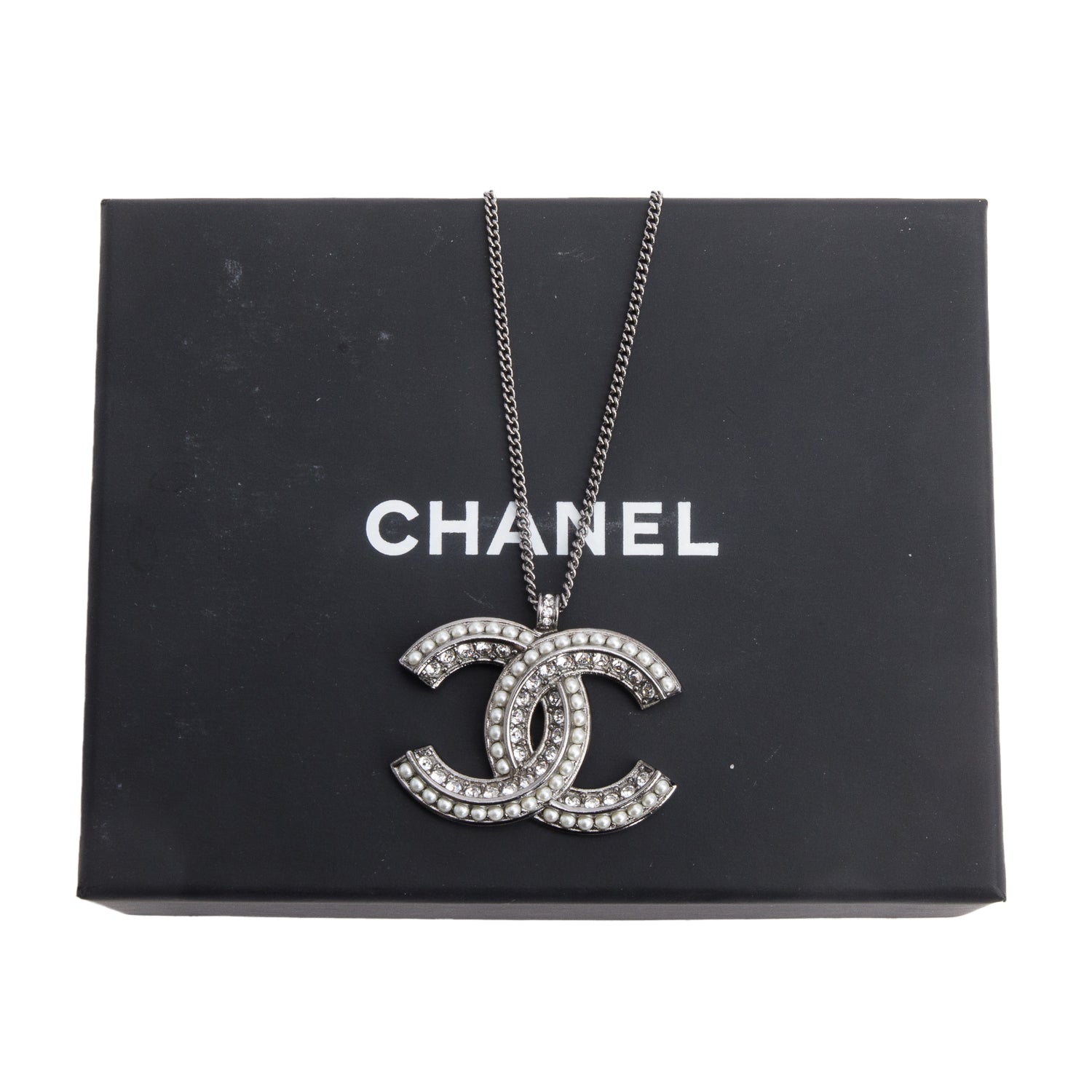 Chanel 2020 Palladium-Plated Faux Pearl & Strass CC Pendant Necklace w/ Box