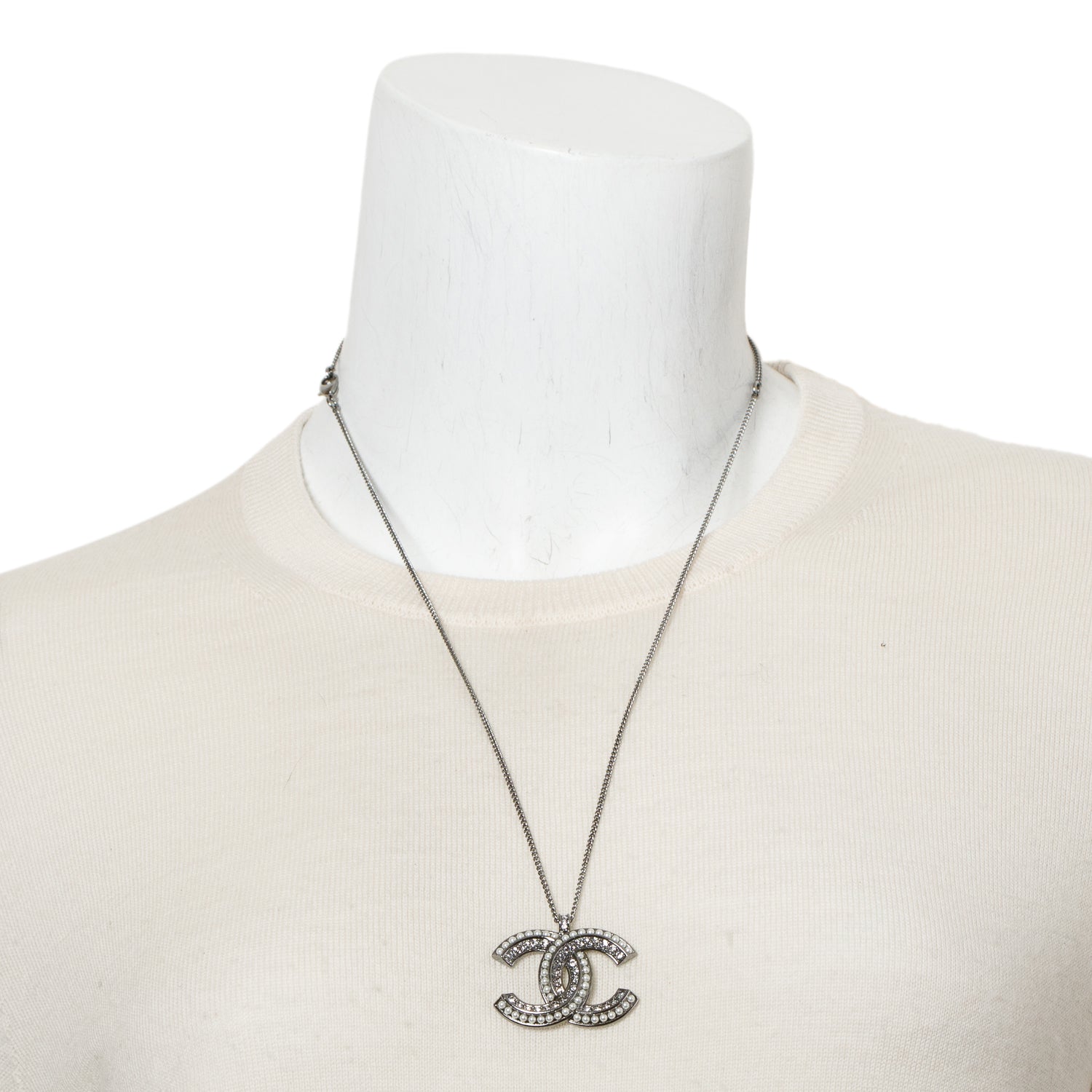 Chanel 2020 Palladium-Plated Faux Pearl & Strass CC Pendant Necklace w/ Box