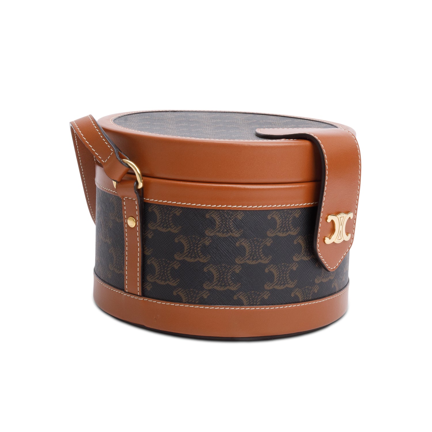 Celine 2020 Brown Calfskin Triomphe Canvas Medium Tambour Bag