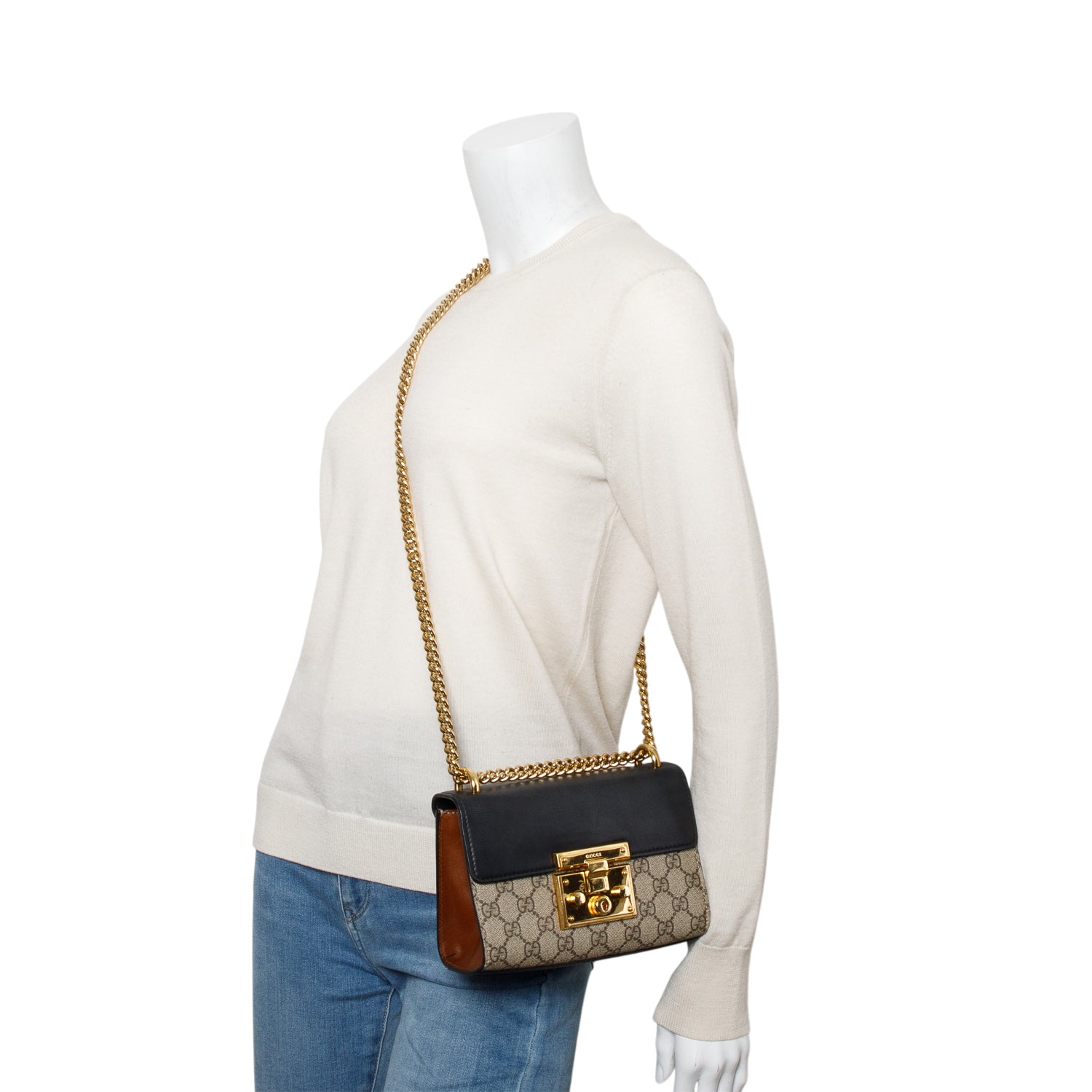 Gucci Black GG Supreme Monogram Calfskin Mini Padlock Chain Shoulder Bag