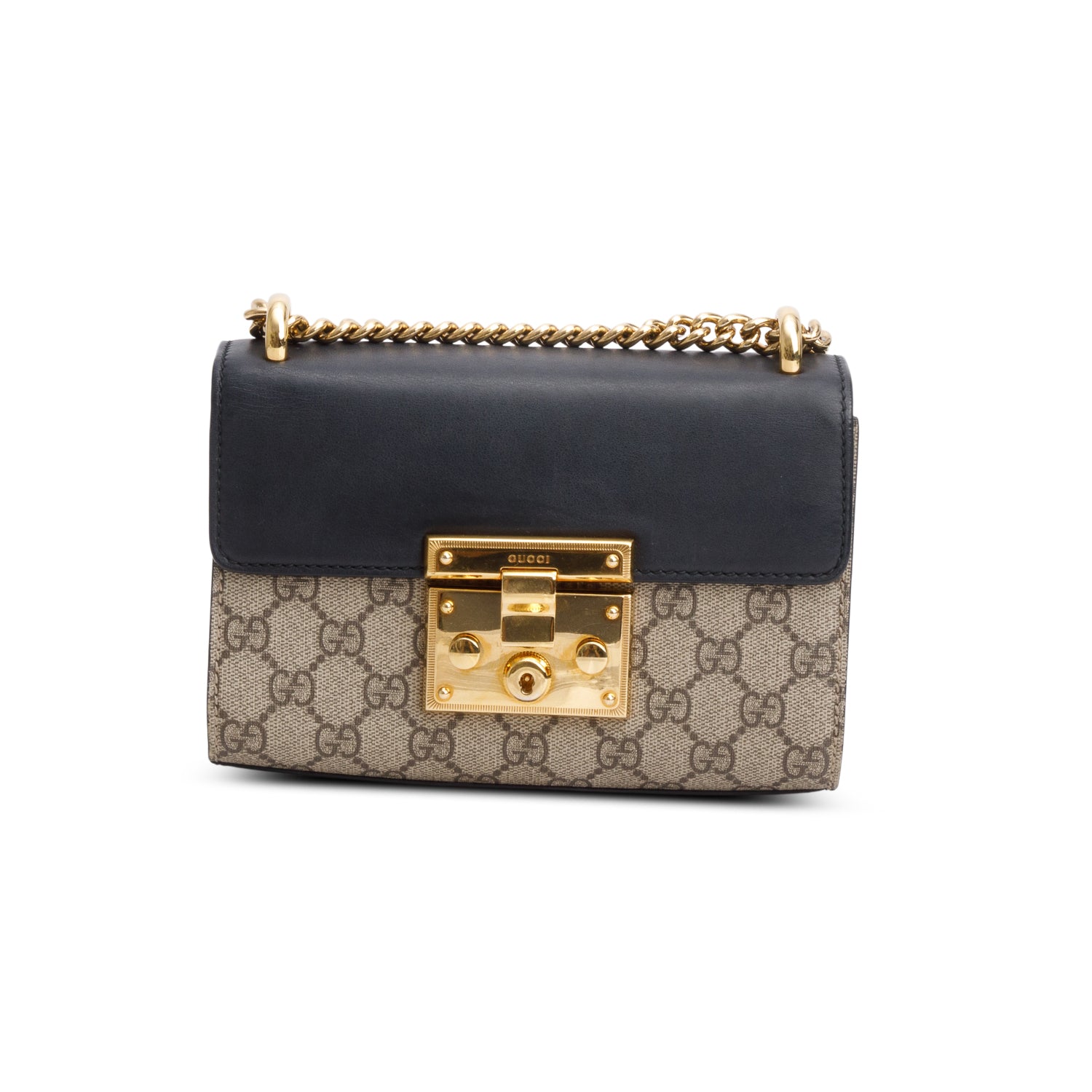 Gucci Black GG Supreme Monogram Calfskin Mini Padlock Chain Shoulder Bag