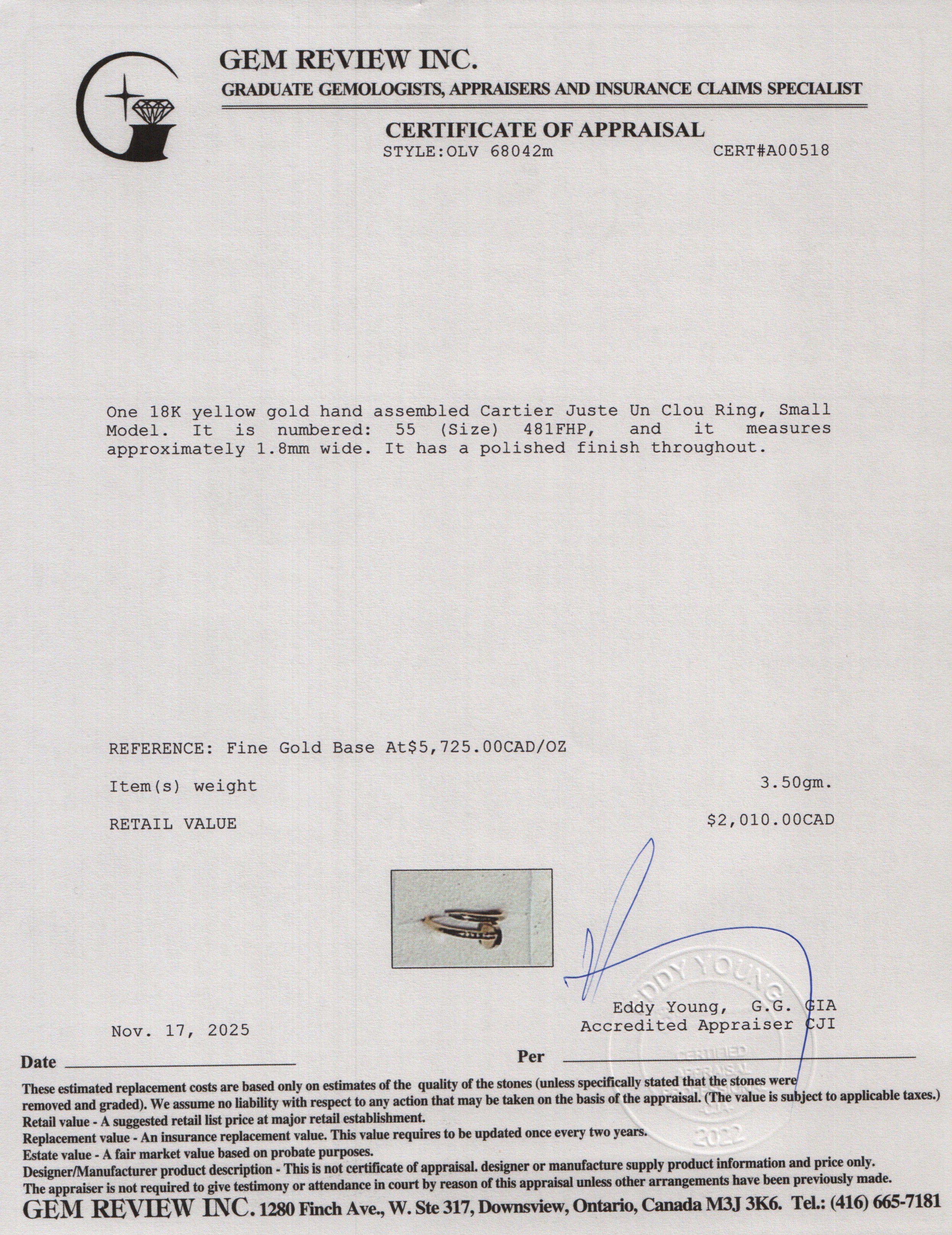 Cartier 2025 18k Yellow Gold Juste Un Clou Ring, Small Model, Size 55 7.25 w/ Box, Receipt & Certificate