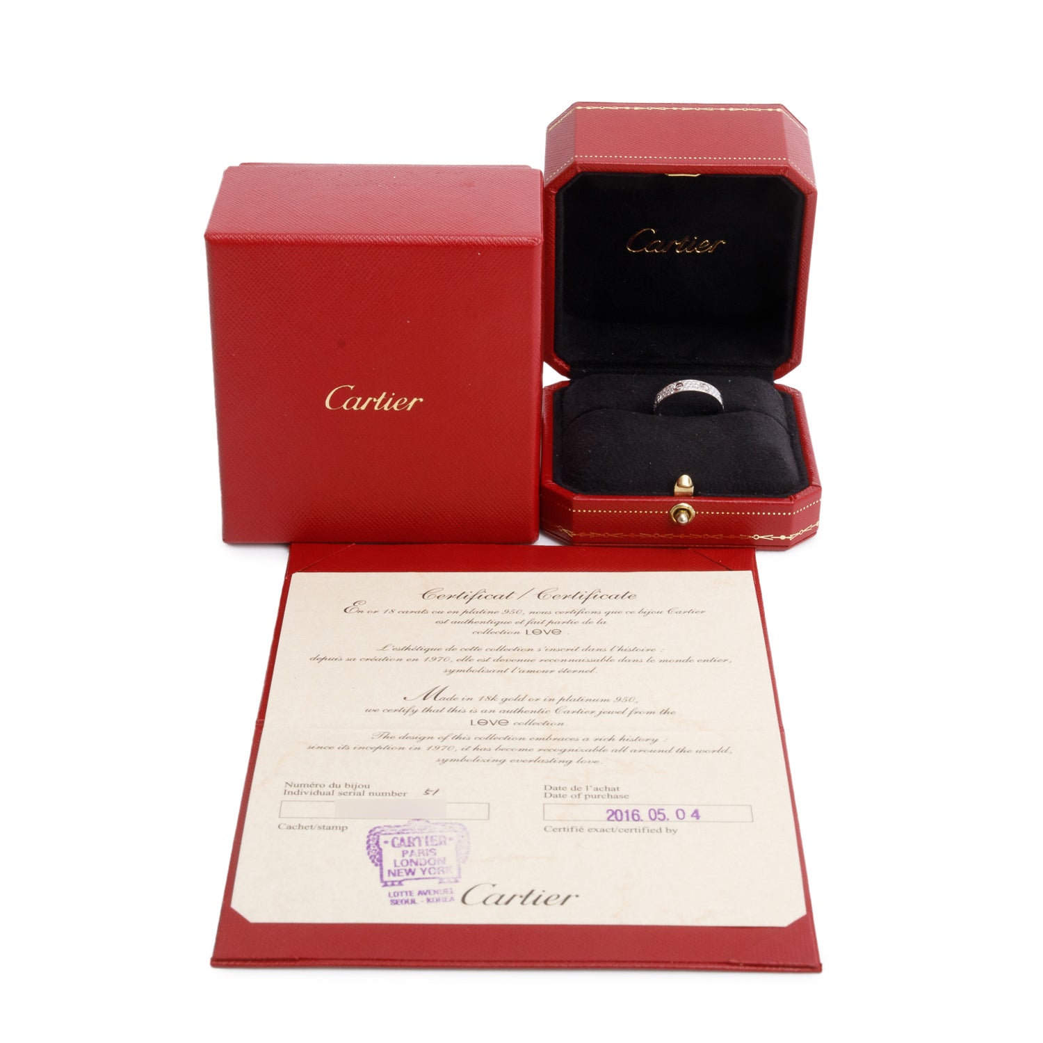 Cartier 18k White Gold Paved Diamond 4 MM Love Ring, Small Model Size 51 5.75 w/ Box & Certificate