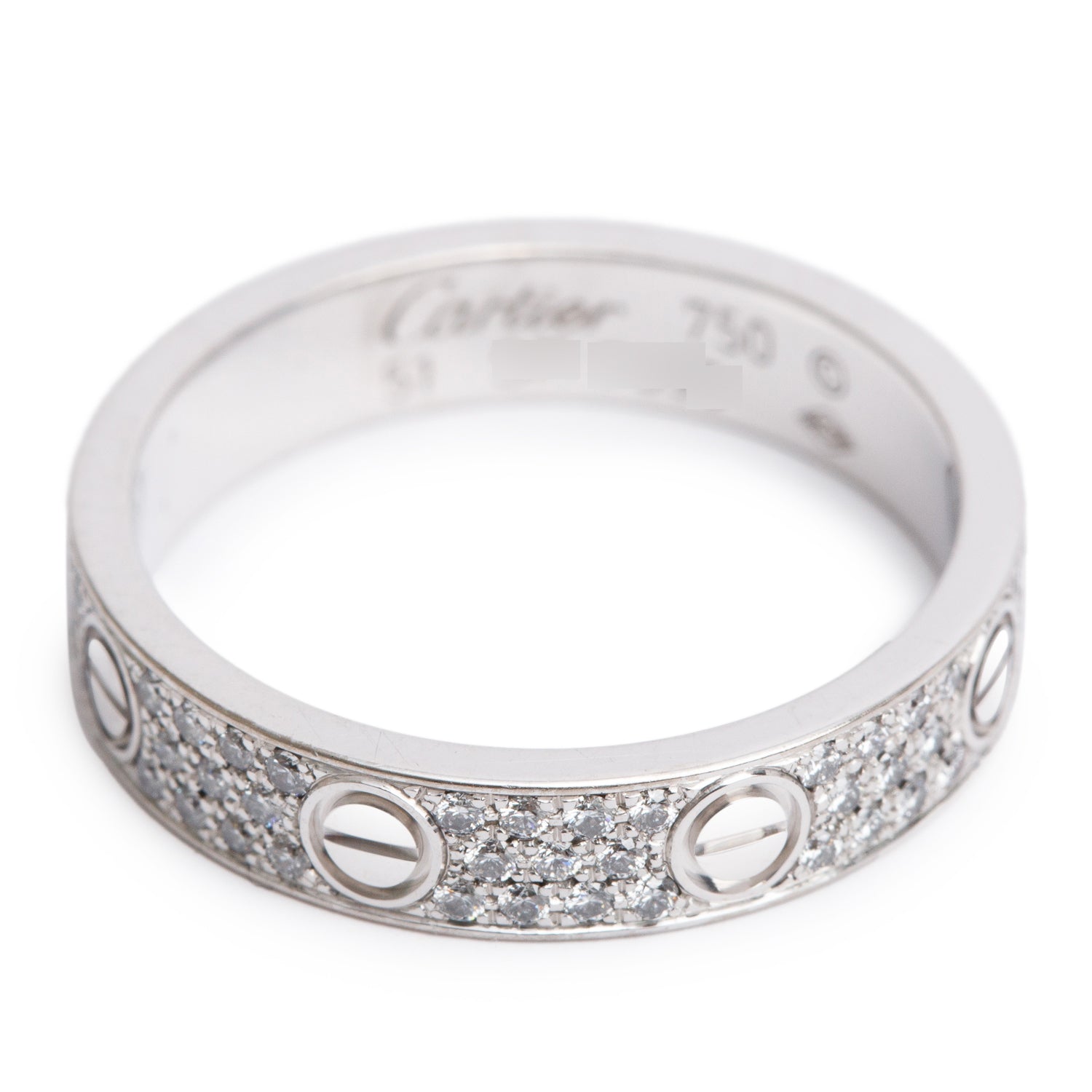 Cartier 18k White Gold Paved Diamond 4 MM Love Ring, Small Model Size 51 5.75 w/ Box & Certificate