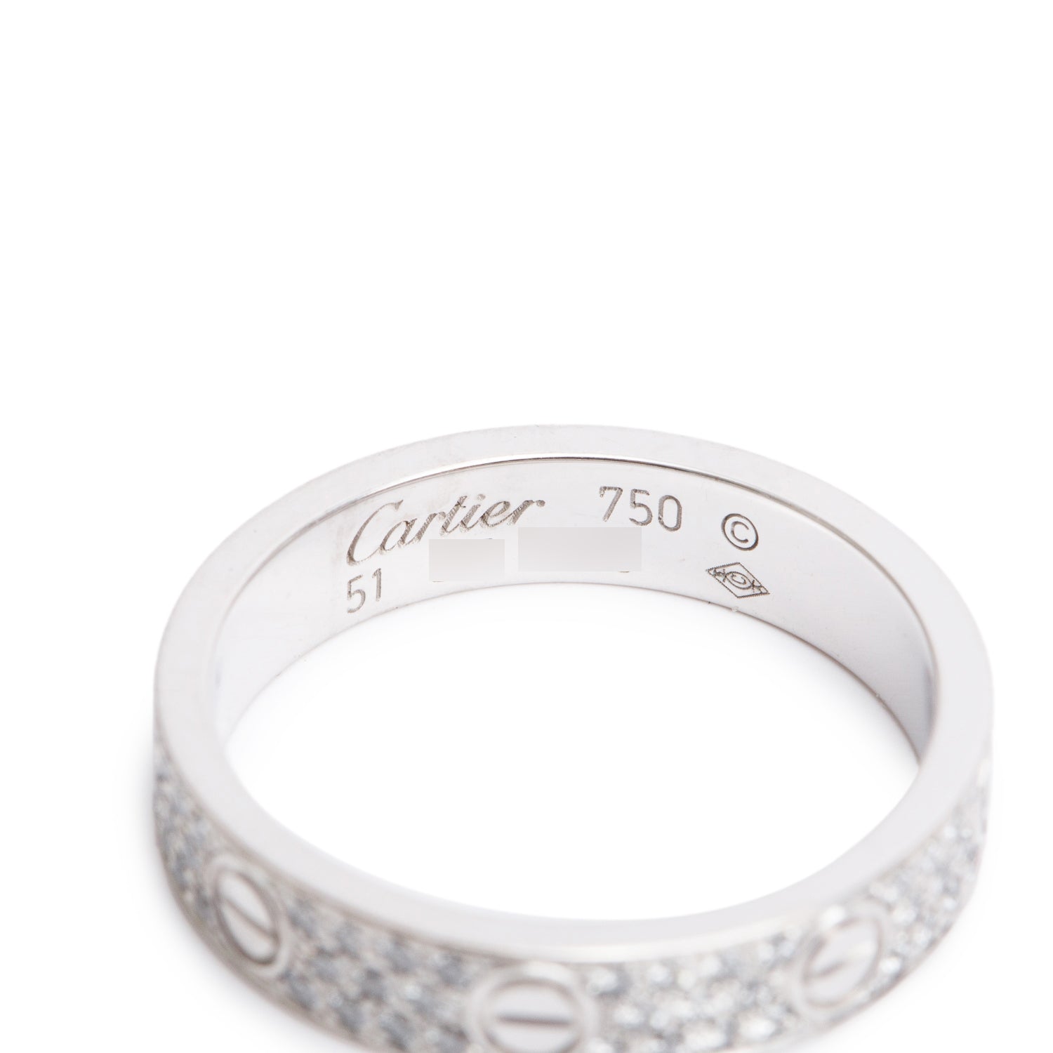 Cartier 18k White Gold Paved Diamond 4 MM Love Ring, Small Model Size 51 5.75 w/ Box & Certificate