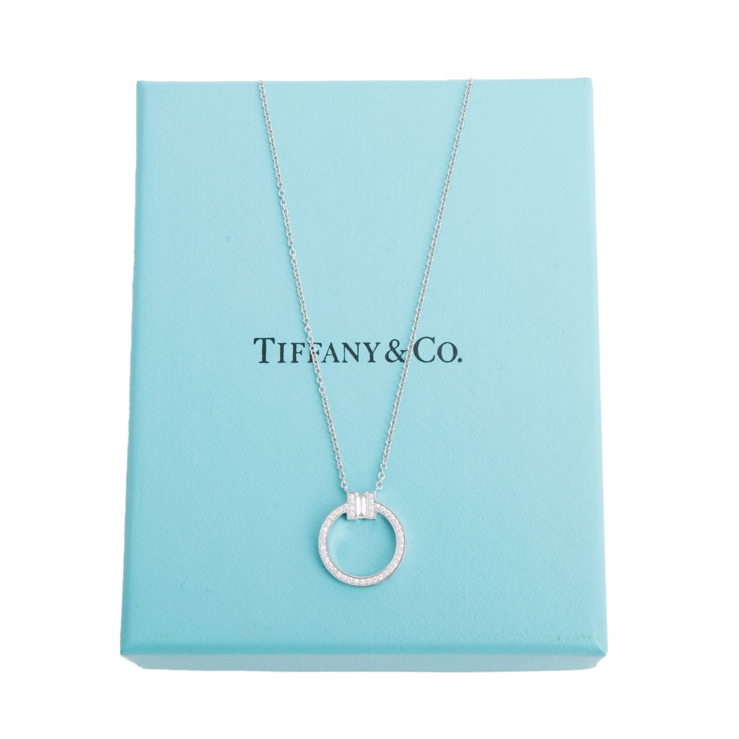 Tiffany & Co. 18k White Gold Diamond T Pendant Necklace w/ Box
