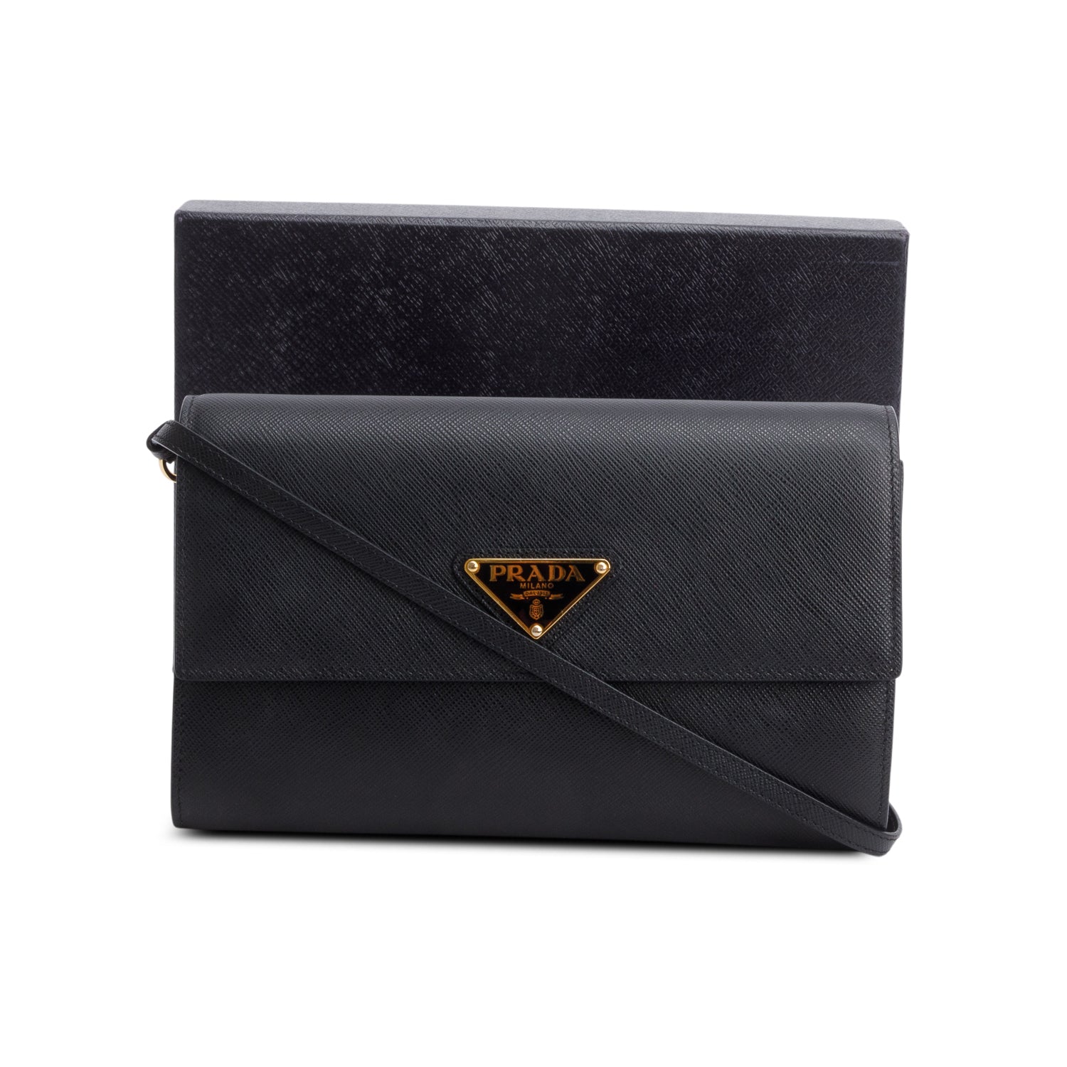 Prada Black Saffiano Leather Flap Wallet w/ Strap & Box