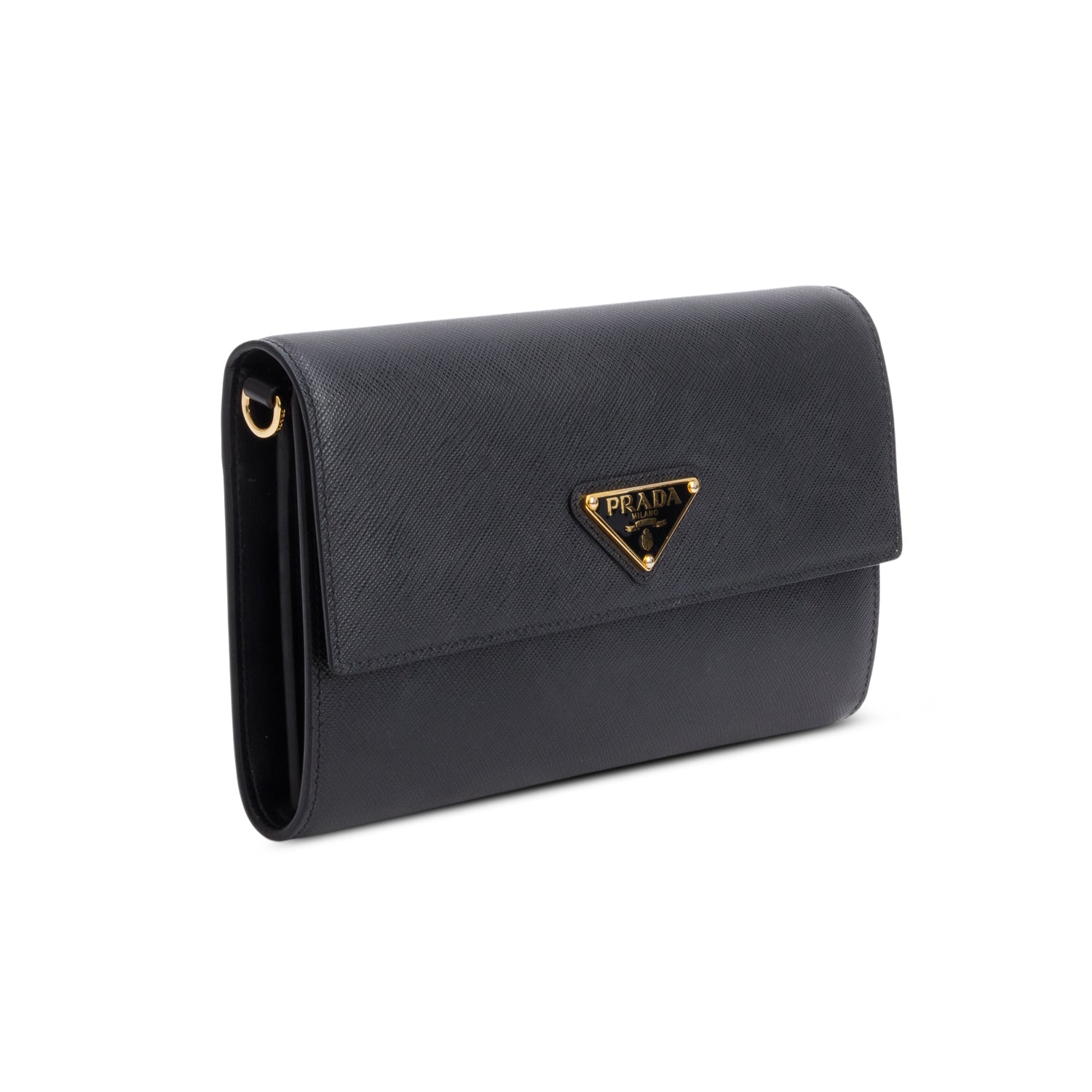 Prada Black Saffiano Leather Flap Wallet w/ Strap & Box