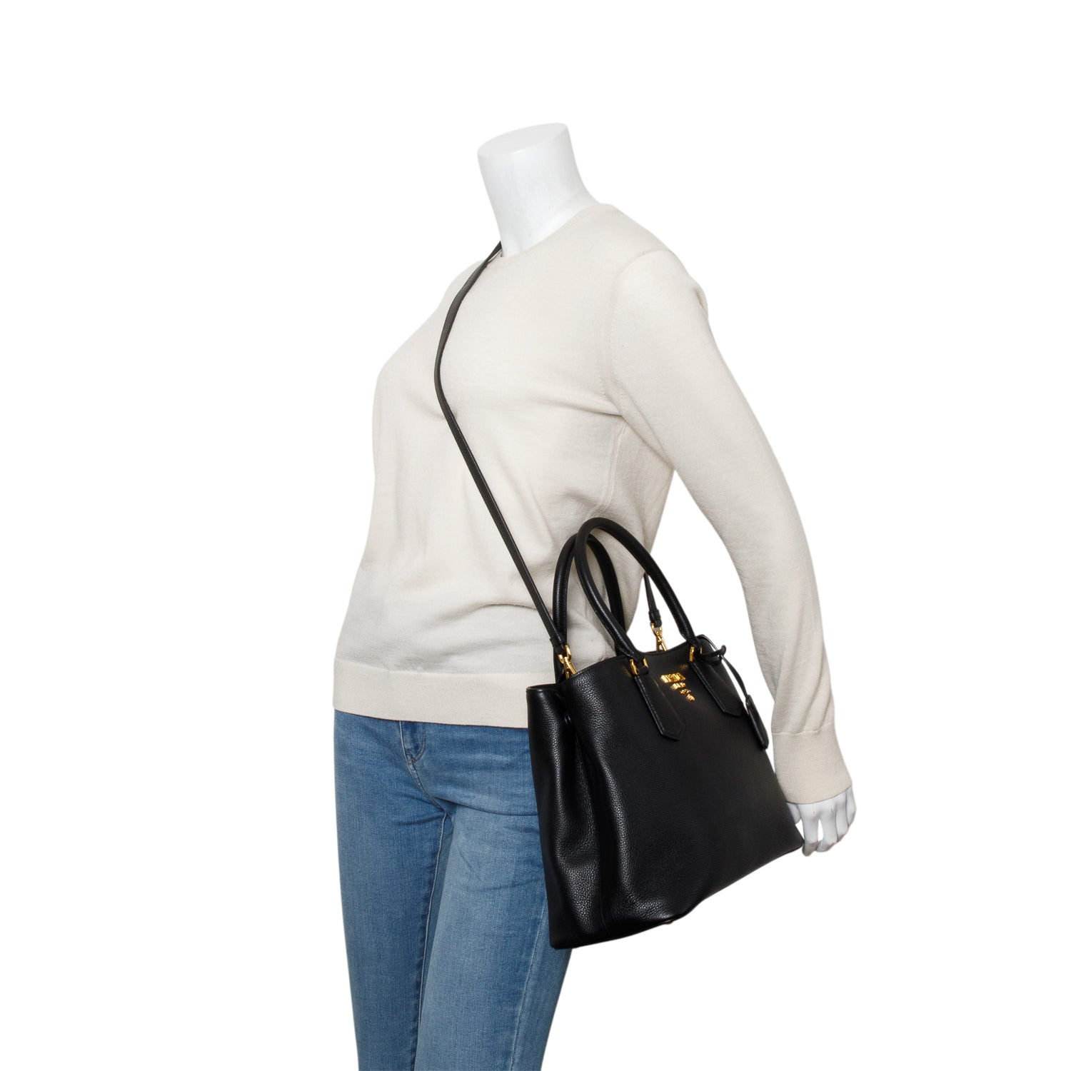 Prada Black Vitello Phenix Cuir Medium Double Bag w/ Strap