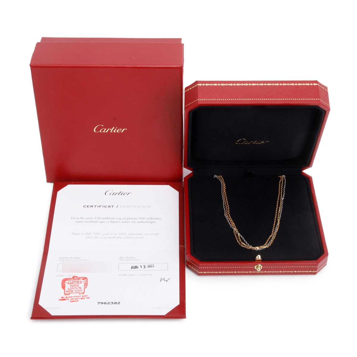Cartier 2022 18k Yellow, White & Rose Gold Trinity Chain Necklace, Small Model w/ Box, Receipt & Certificate