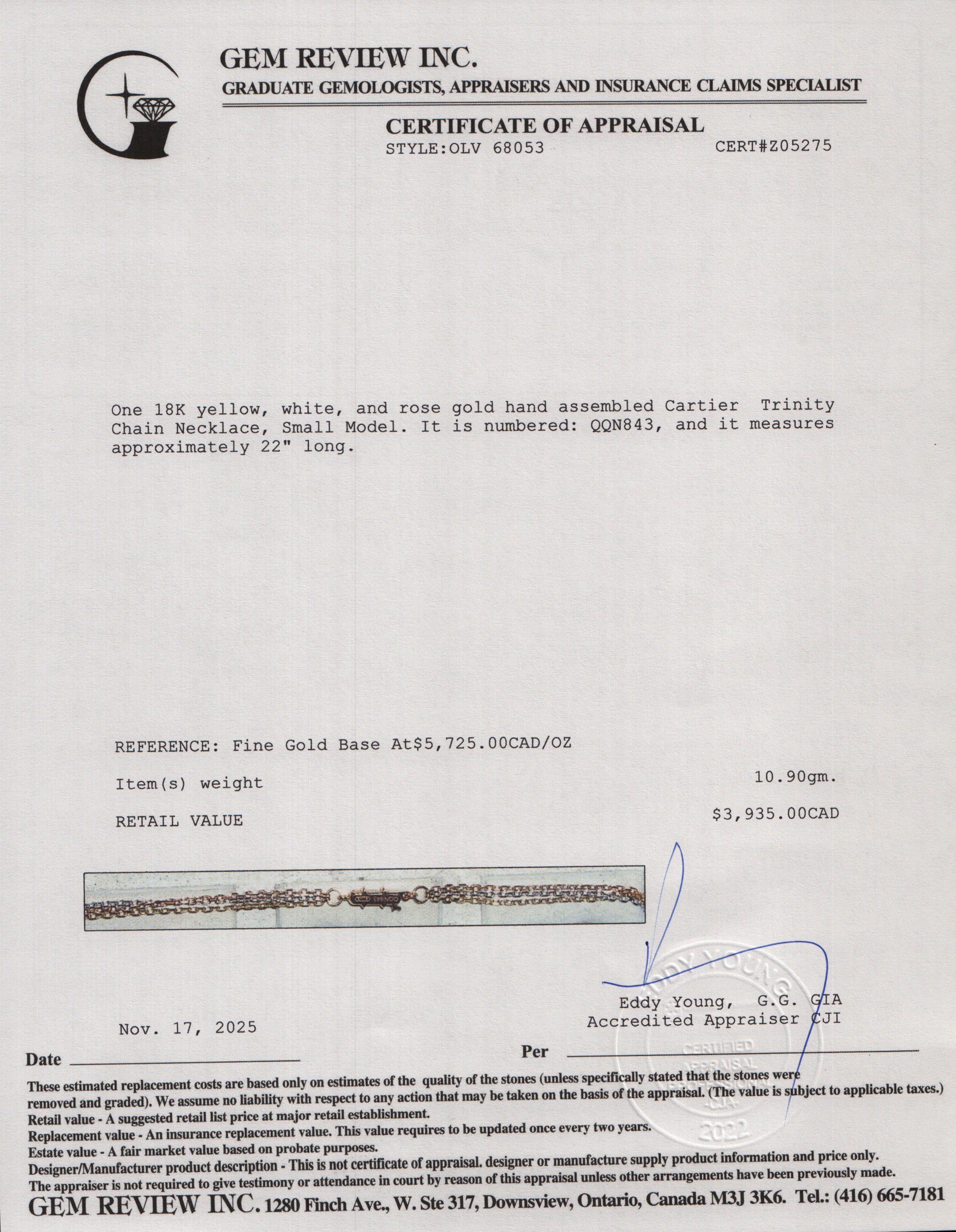 Cartier 2022 18k Yellow, White & Rose Gold Trinity Chain Necklace, Small Model w/ Box, Receipt & Certificate