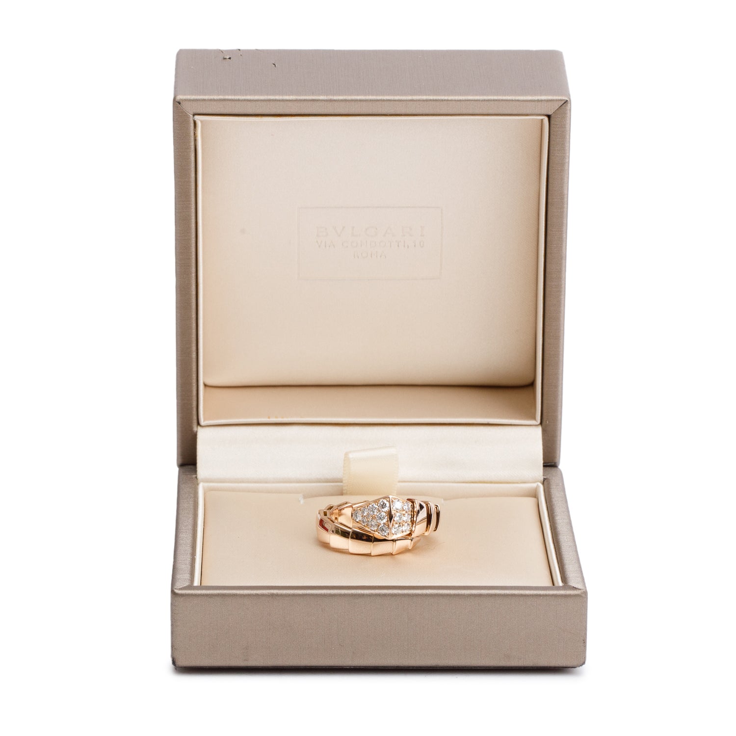 BVLGARI 18k Rose Gold Pave Diamond Serpenti Viper Ring, Size M w/ Box & Receipt