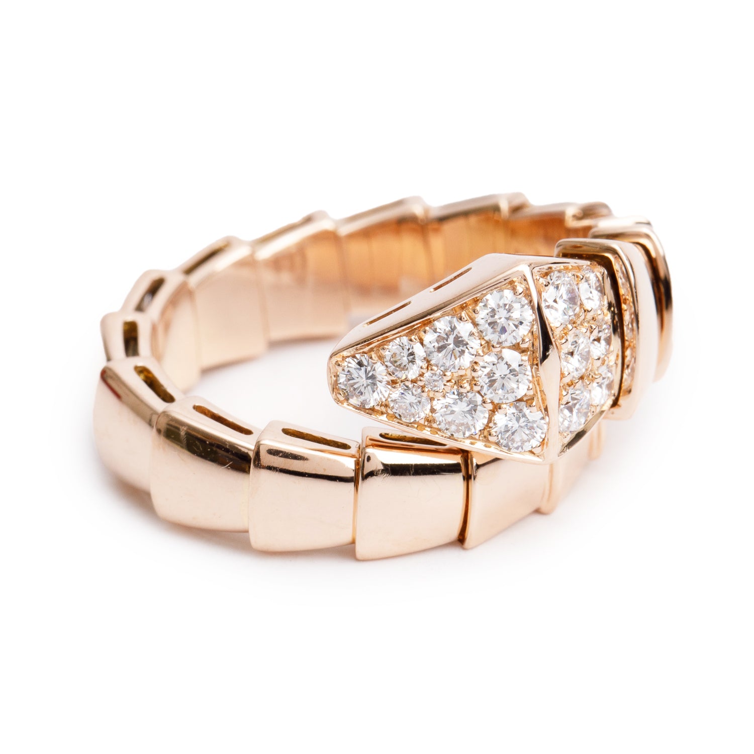 BVLGARI 18k Rose Gold Pave Diamond Serpenti Viper Ring, Size M w/ Box & Receipt
