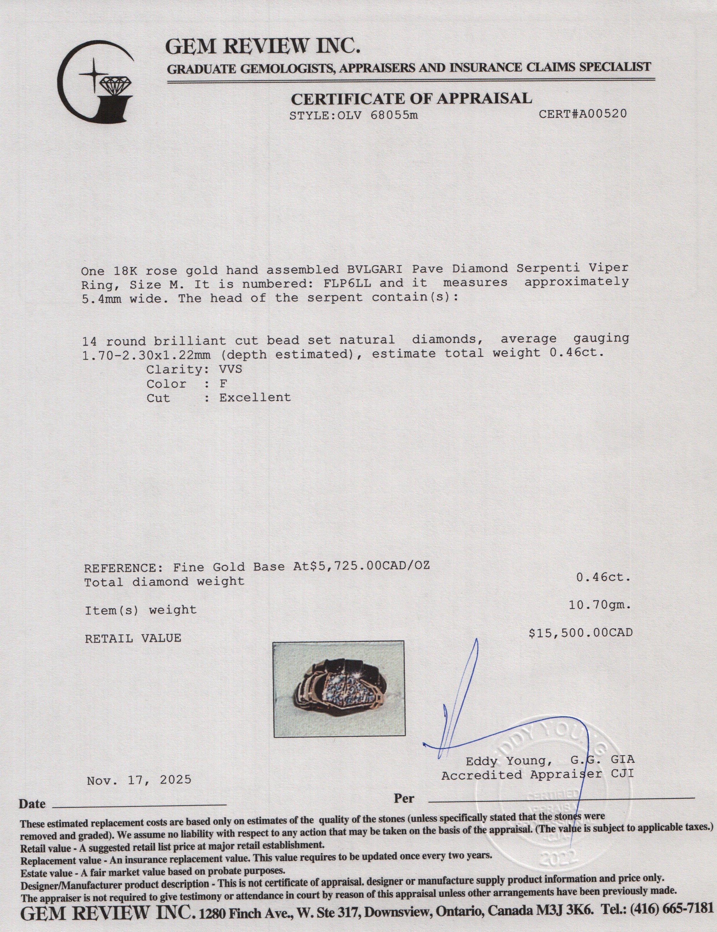 BVLGARI 18k Rose Gold Pave Diamond Serpenti Viper Ring, Size M w/ Box & Receipt