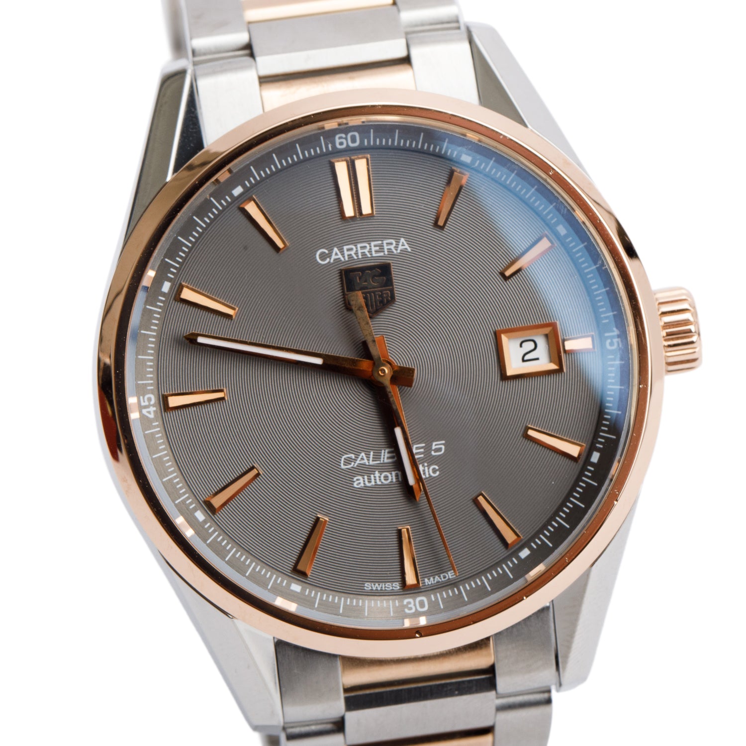 Tag Heuer Stainless Steel & 18k Rose Gold Carrera 39 MM Automatic Watch Grey Dial WAR215E-2 w/ Box