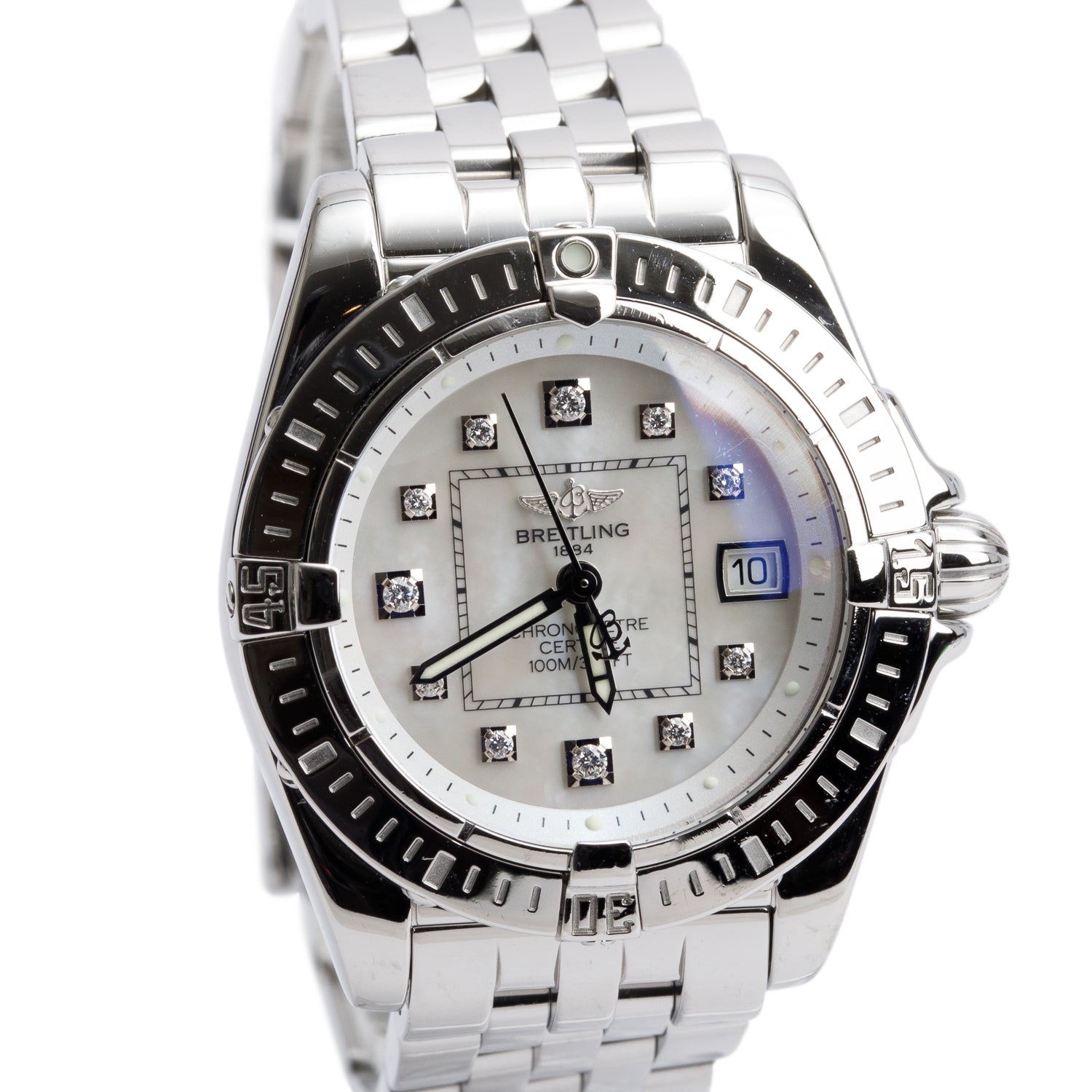 Breitling Stainless Steel Galactic 32 MM Quartz Watch Mother of Pearl Diamond Dial A71356 w/ Box & Papers
