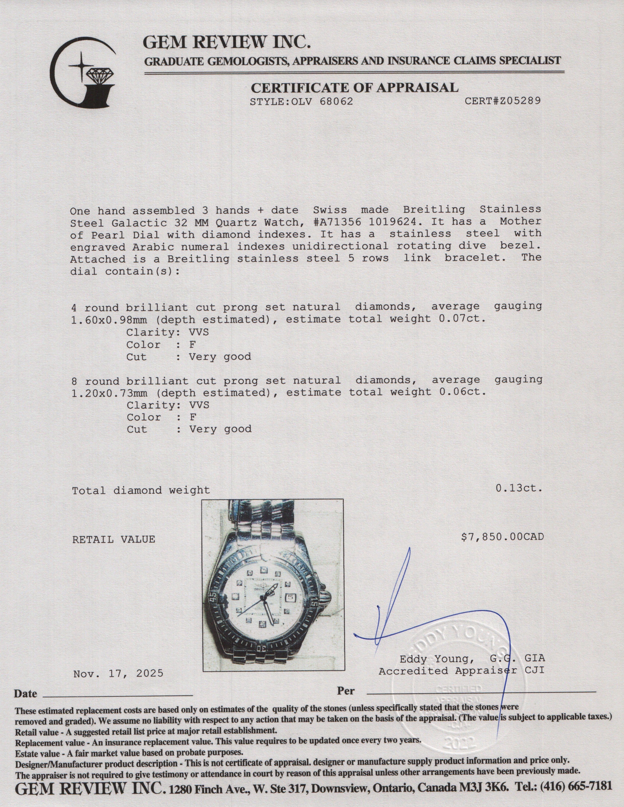 Breitling Stainless Steel Galactic 32 MM Quartz Watch Mother of Pearl Diamond Dial A71356 w/ Box & Papers