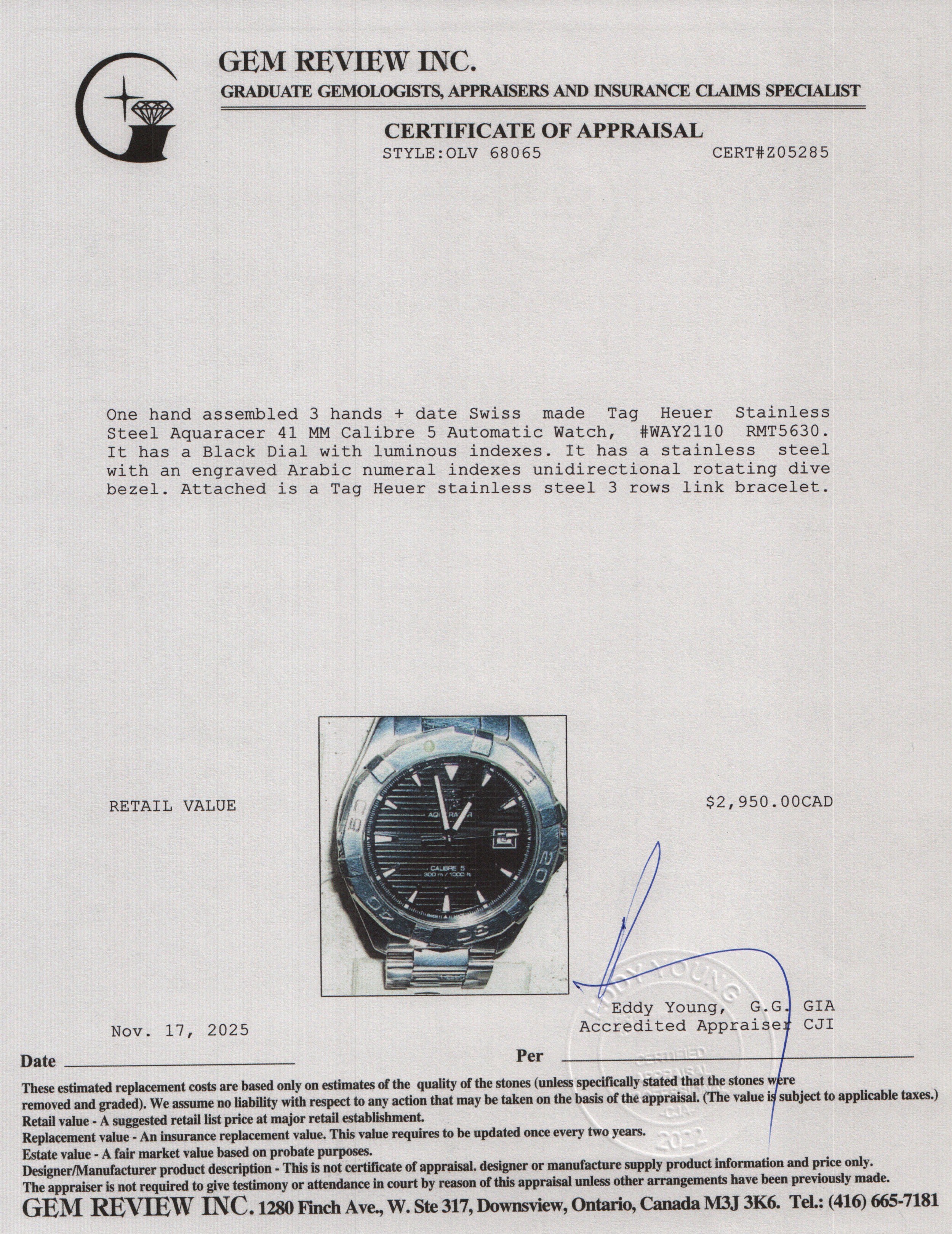 Tag Heuer Stainless Steel Aquaracer 41 MM Calibre 5 Automatic Watch Black Dial WAY2110