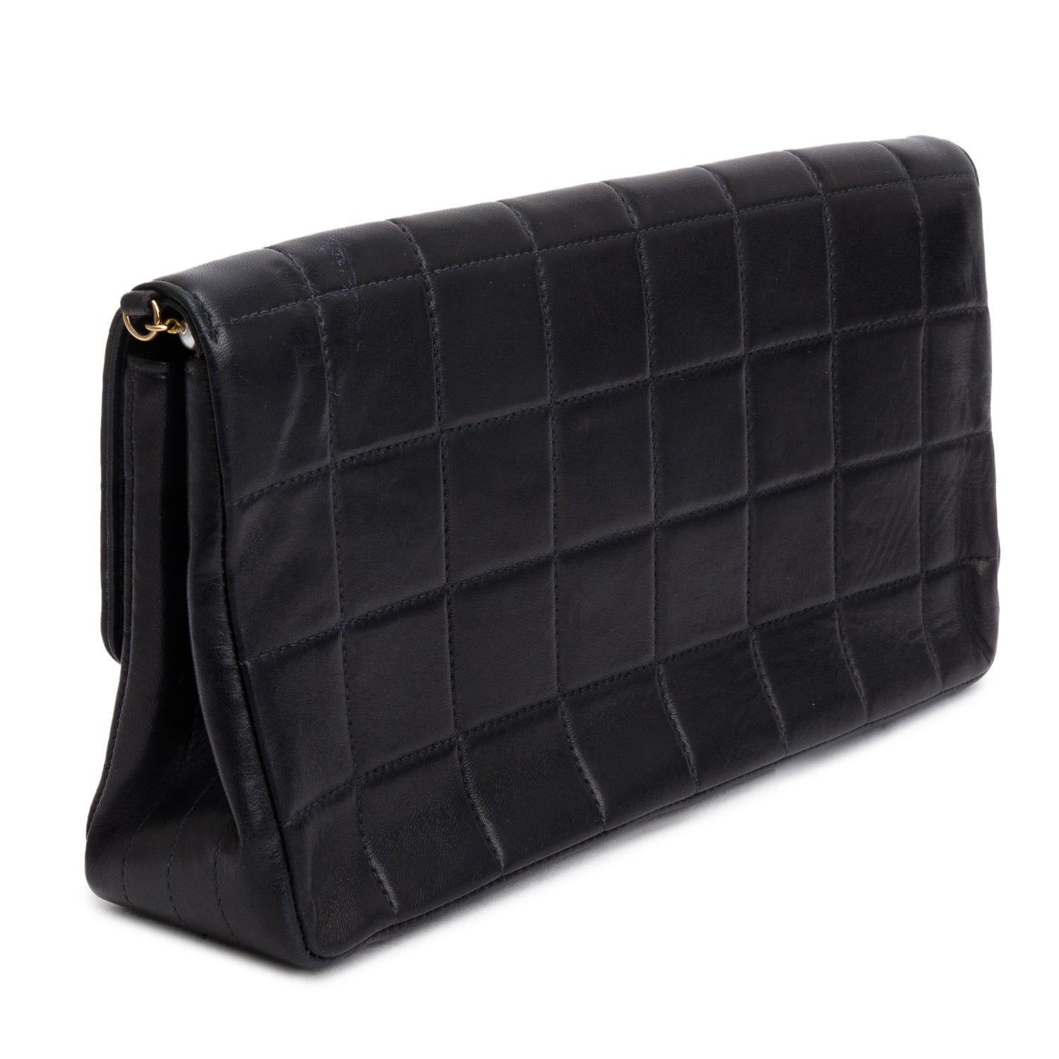 Chanel Vintage Black Lambskin Quilted Chocolate Bar Pearl Flap Bag w/ Authenticity Card