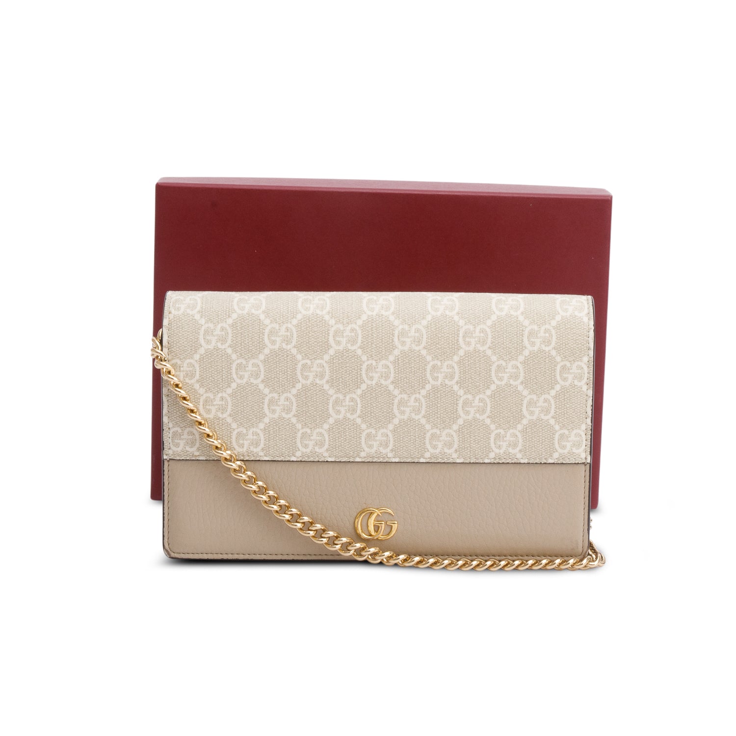 Gucci Beige GG Supreme Monogram Textured Dollar Calfskin Mini GG Marmont Chain Wallet w/ Box