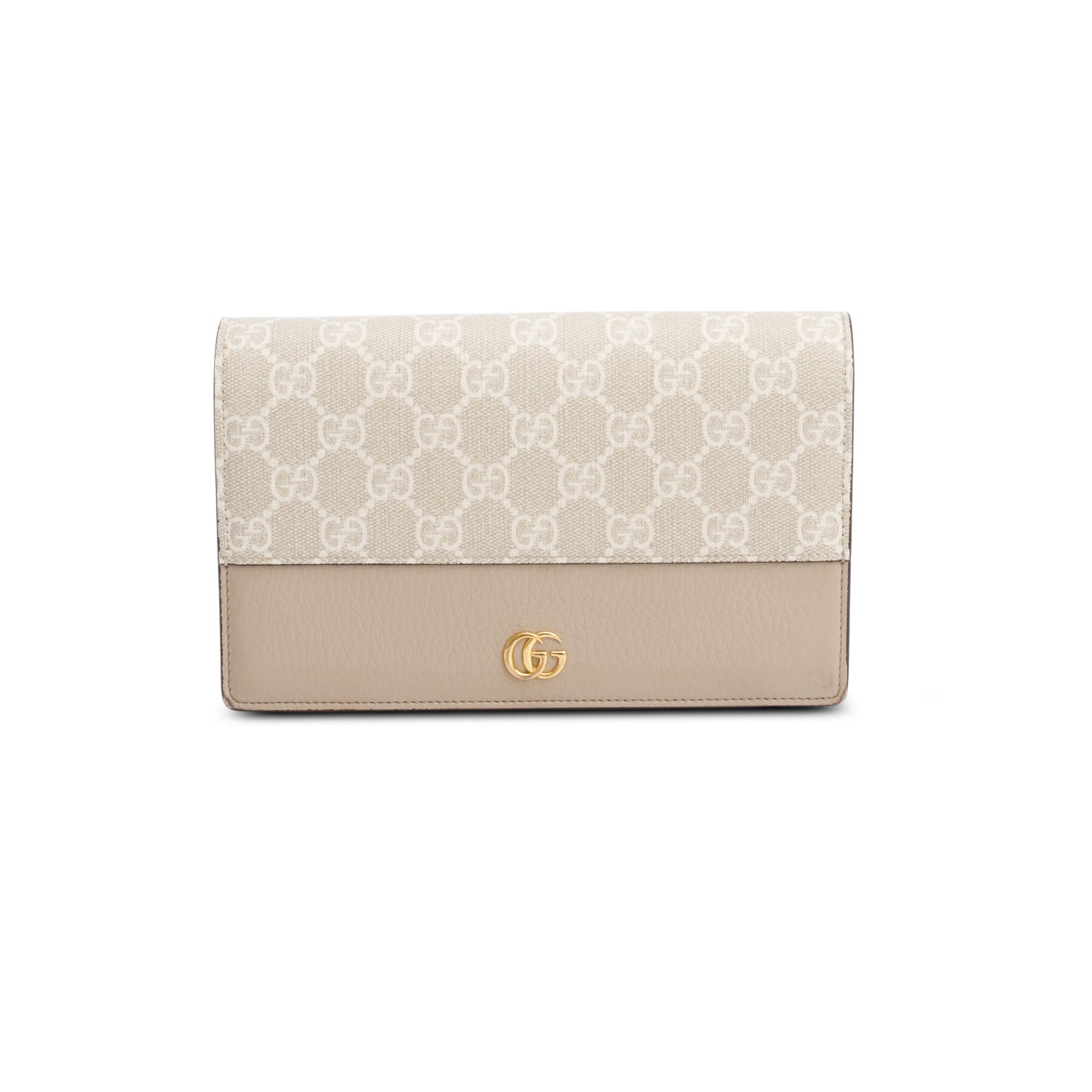 Gucci Beige GG Supreme Monogram Textured Dollar Calfskin Mini GG Marmont Chain Wallet w/ Box