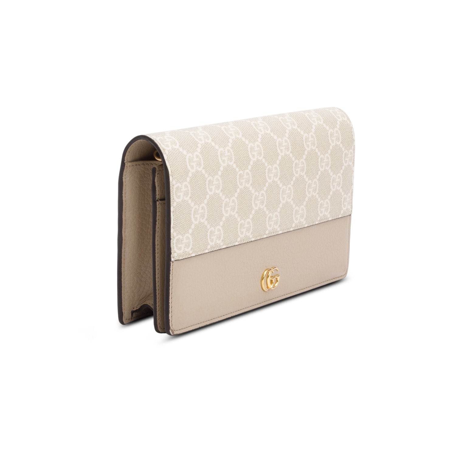 Gucci Beige GG Supreme Monogram Textured Dollar Calfskin Mini GG Marmont Chain Wallet w/ Box