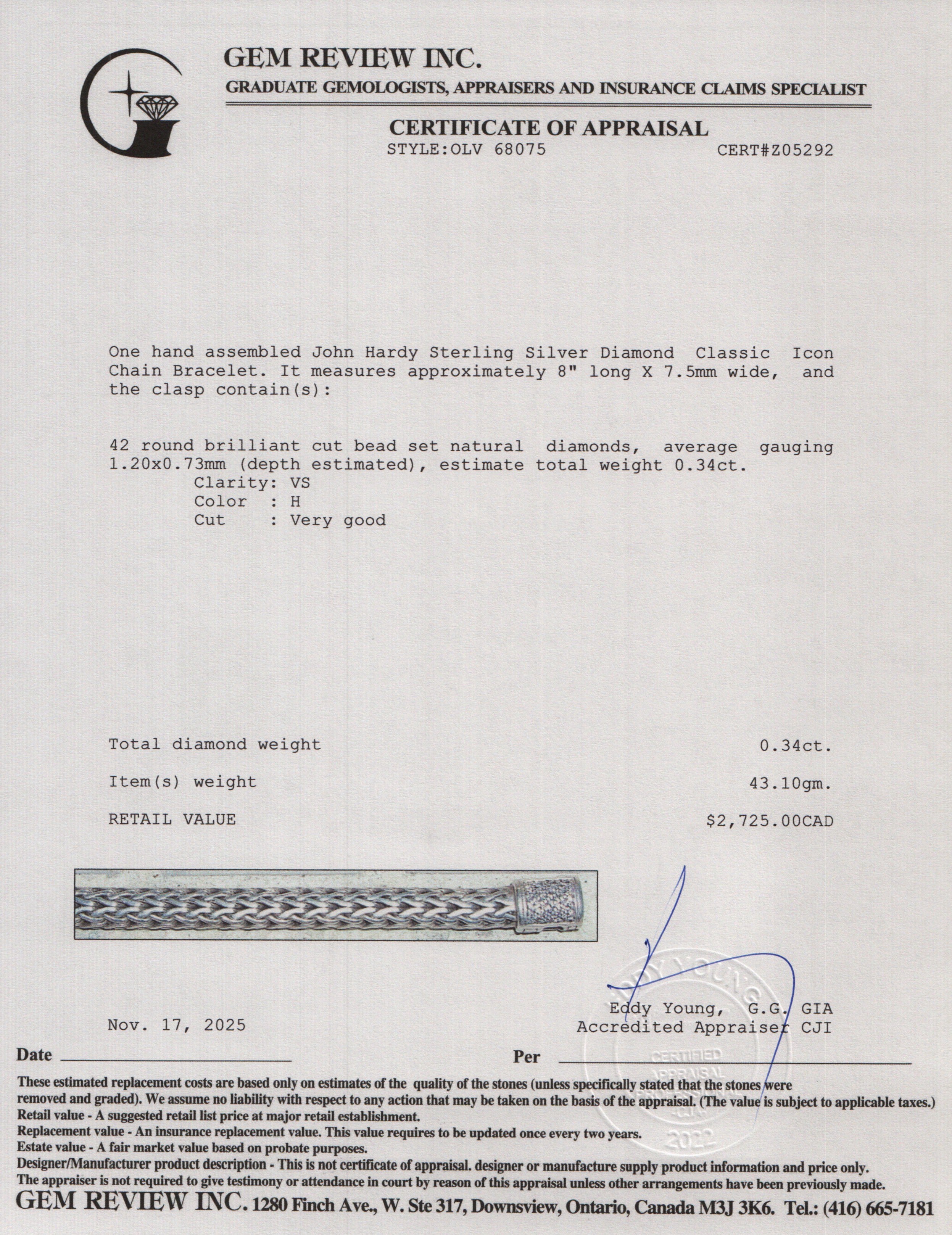 John Hardy Sterling Silver Diamond Classic Icon 7.5 MM Chain Bracelet