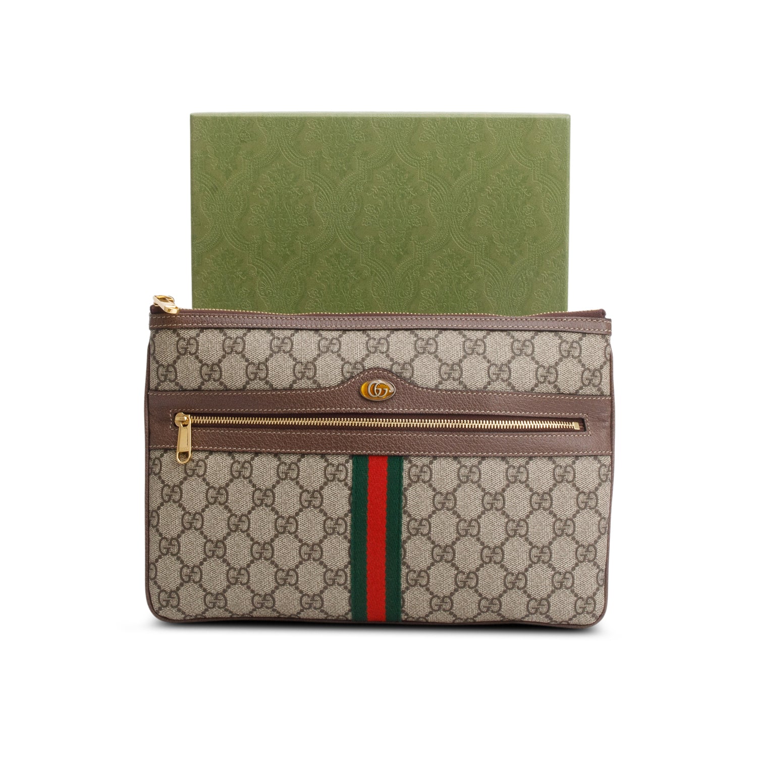 Gucci Brown GG Supreme Monogram Large Ophidia Pouch Clutch w/ Box
