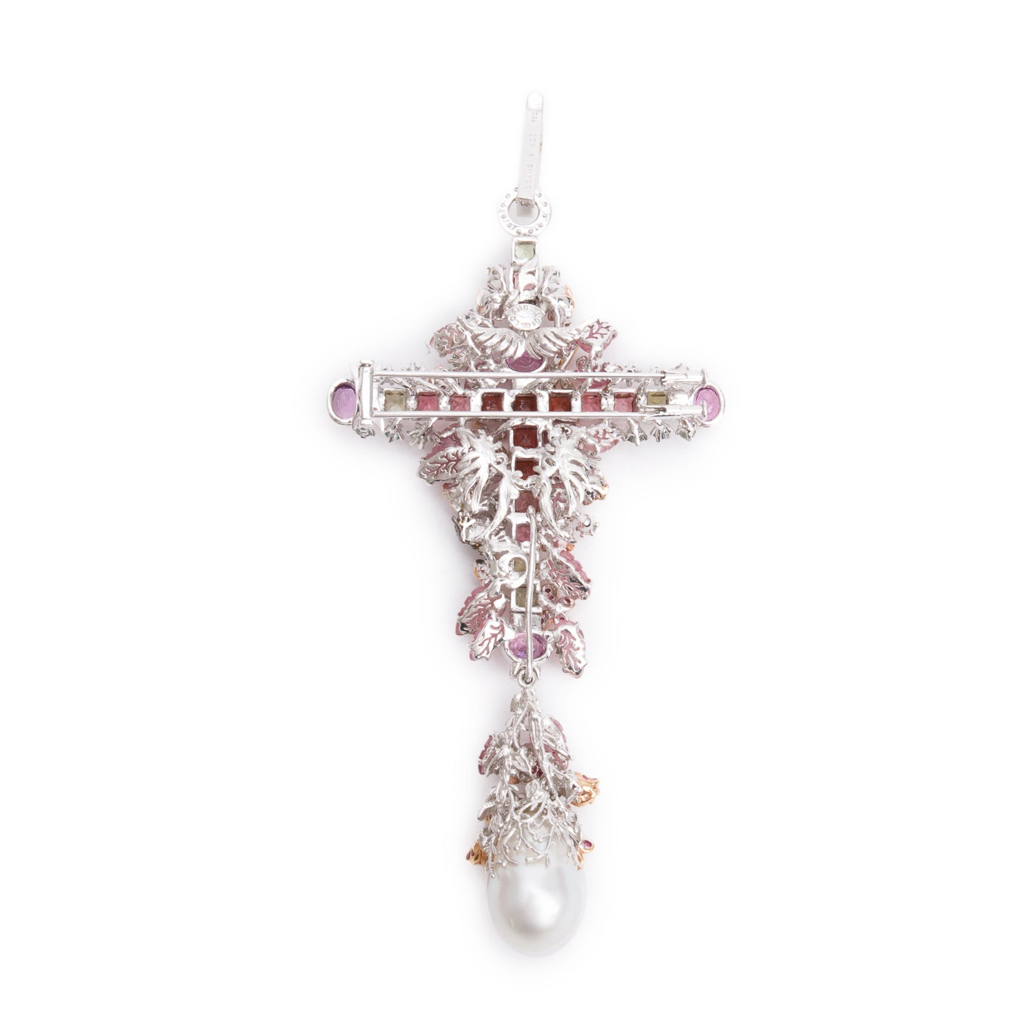 18k White Gold Colored Stone, Diamond & Pearl Large Cross Pendant