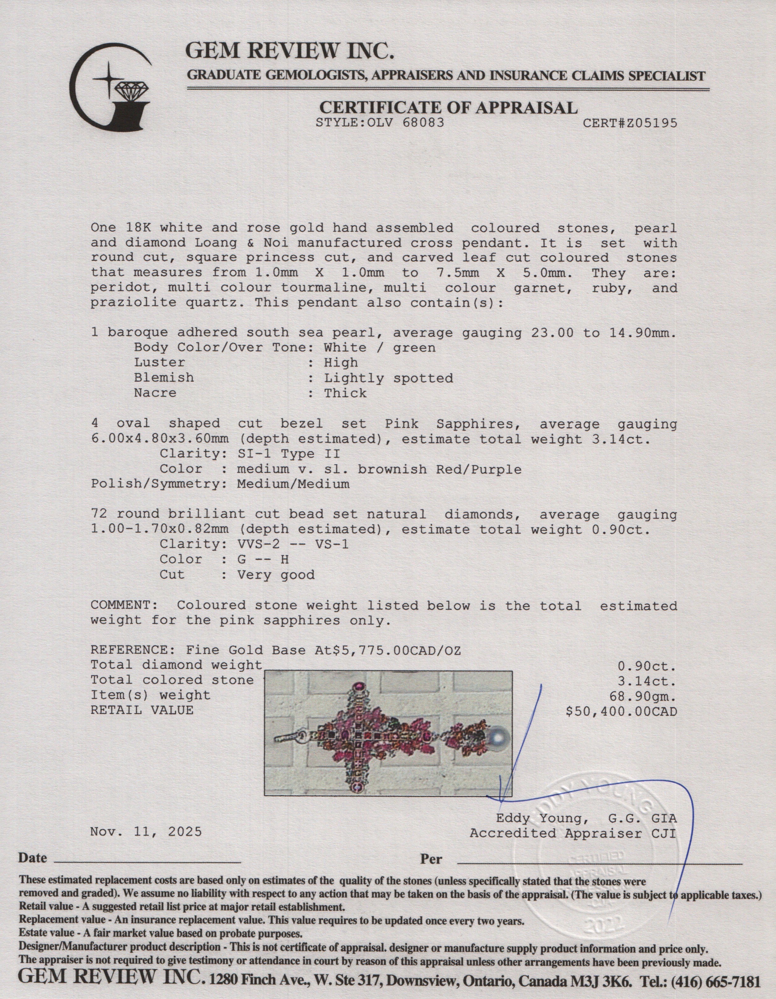 18k White Gold Colored Stone, Diamond & Pearl Large Cross Pendant