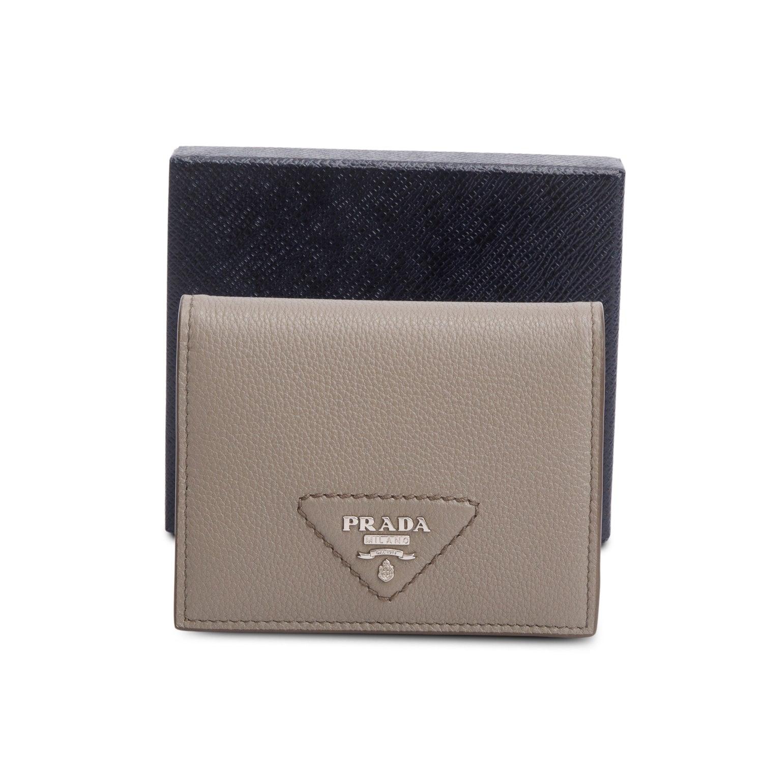 Prada Taupe Vitello Daino Compact Wallet w/ Box & Authenticity Card