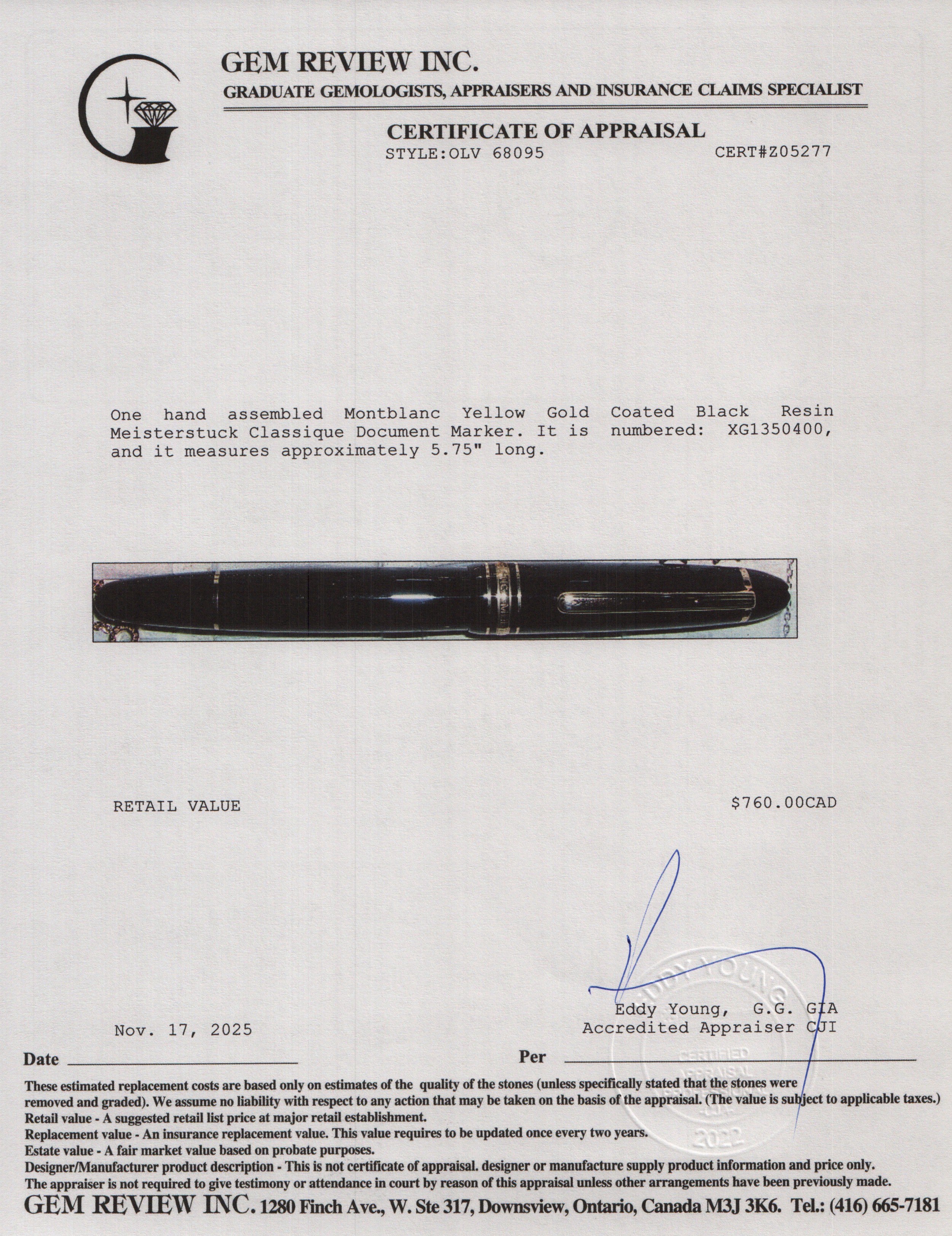 Montblanc Yellow Gold Coated Black Resin Meisterstuck Classique Document Marker