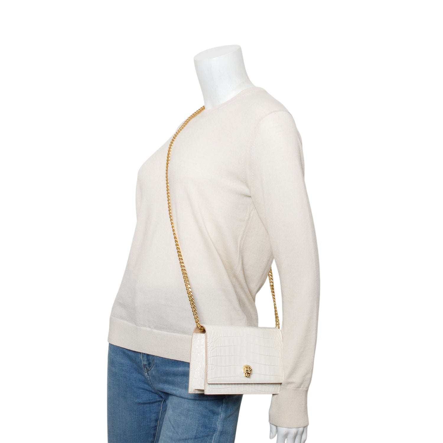 Alexander McQueen White Crocodile Embossed Skull Small Crossbody Bag