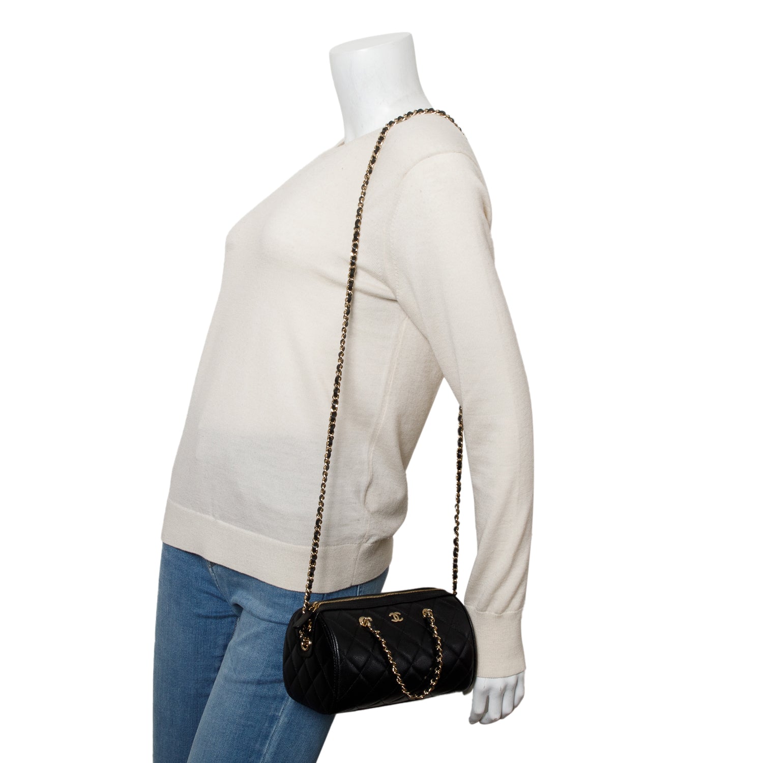 Chanel 2025 Black Caviar Quilted Leather Mini Bowling Bag w/ Box