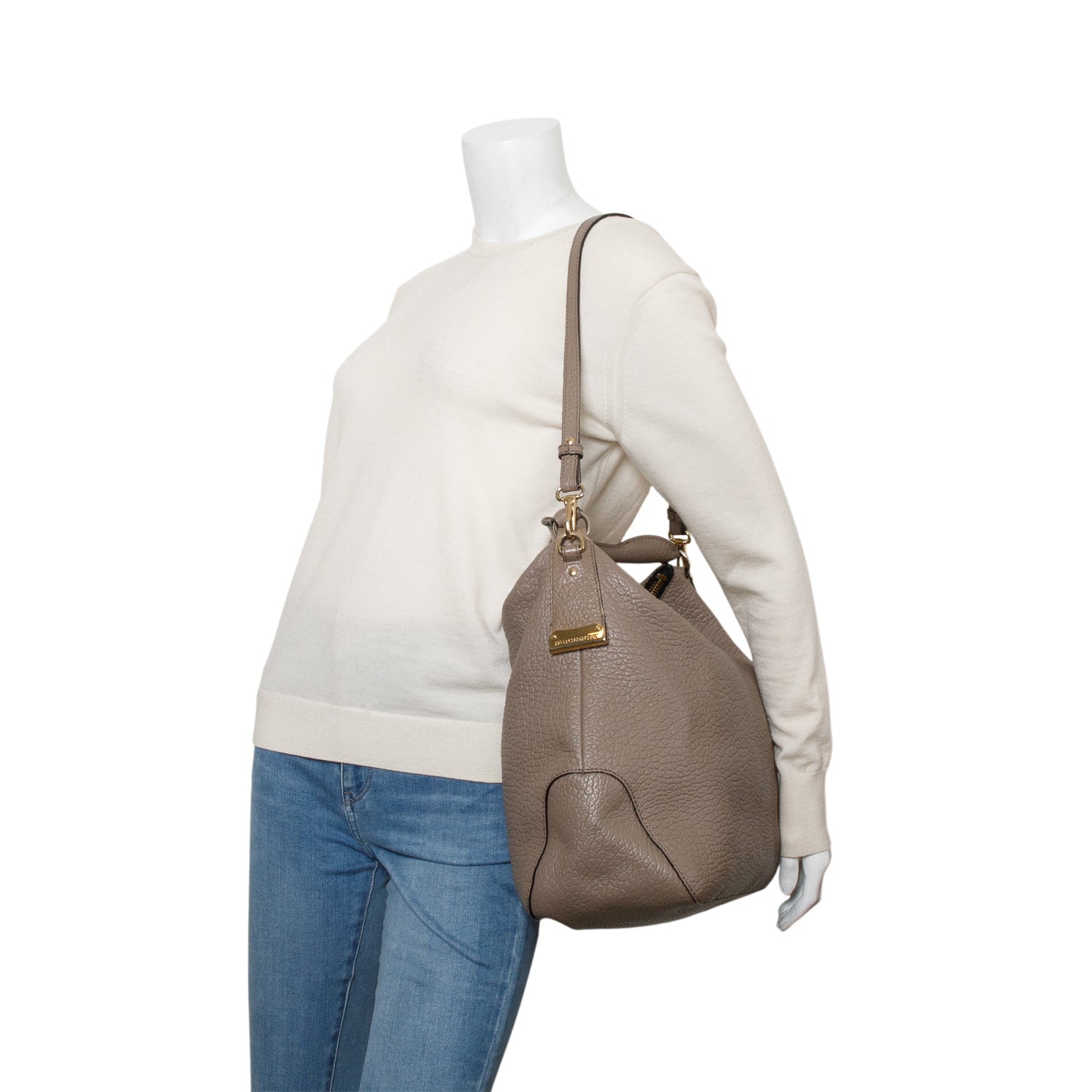 Burberry Taupe Grained Leather Ledbury Convertible Hobo w/ Strap