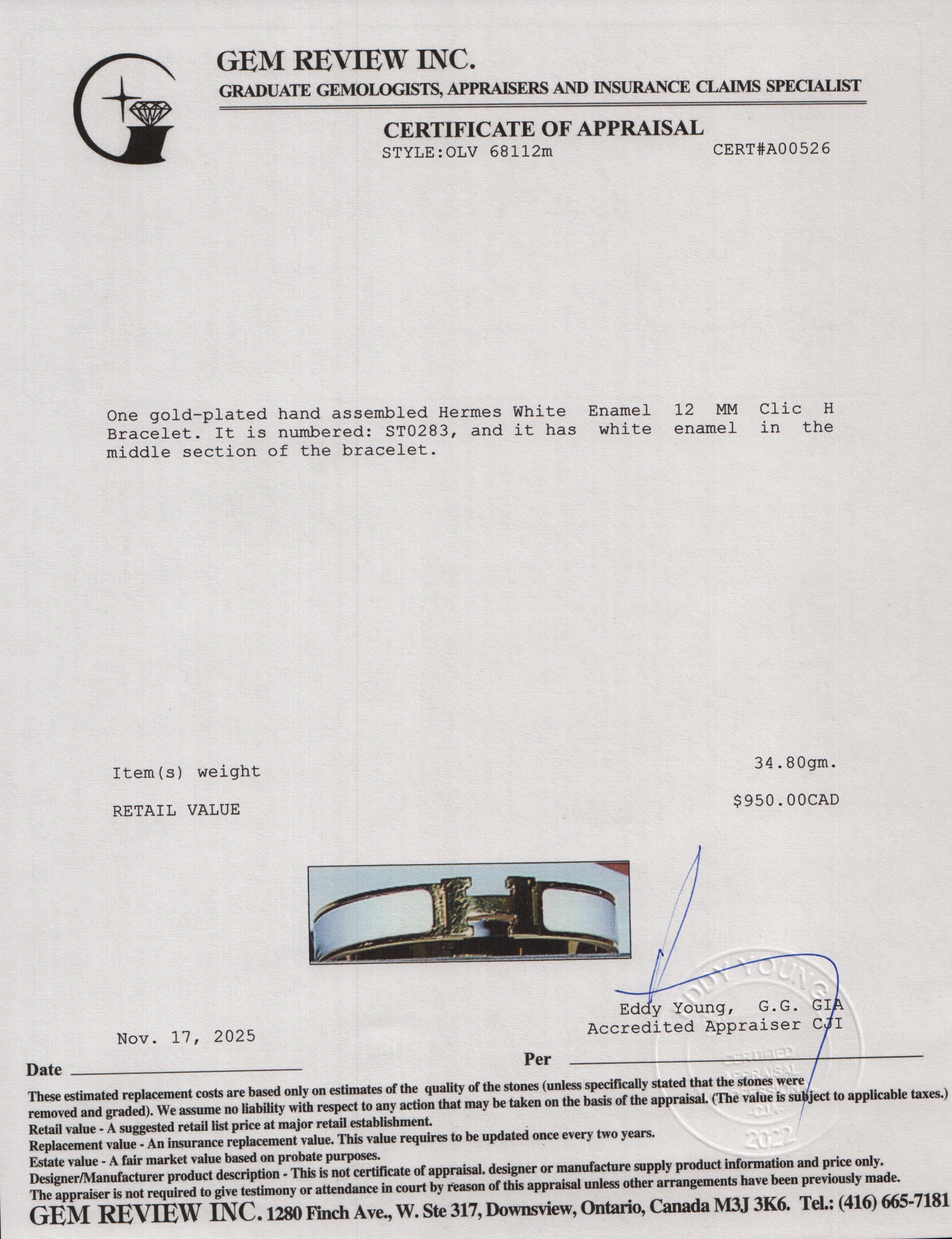 Hermes Gold Plated White Enamel 12 MM Clic H Bracelet w/ Box