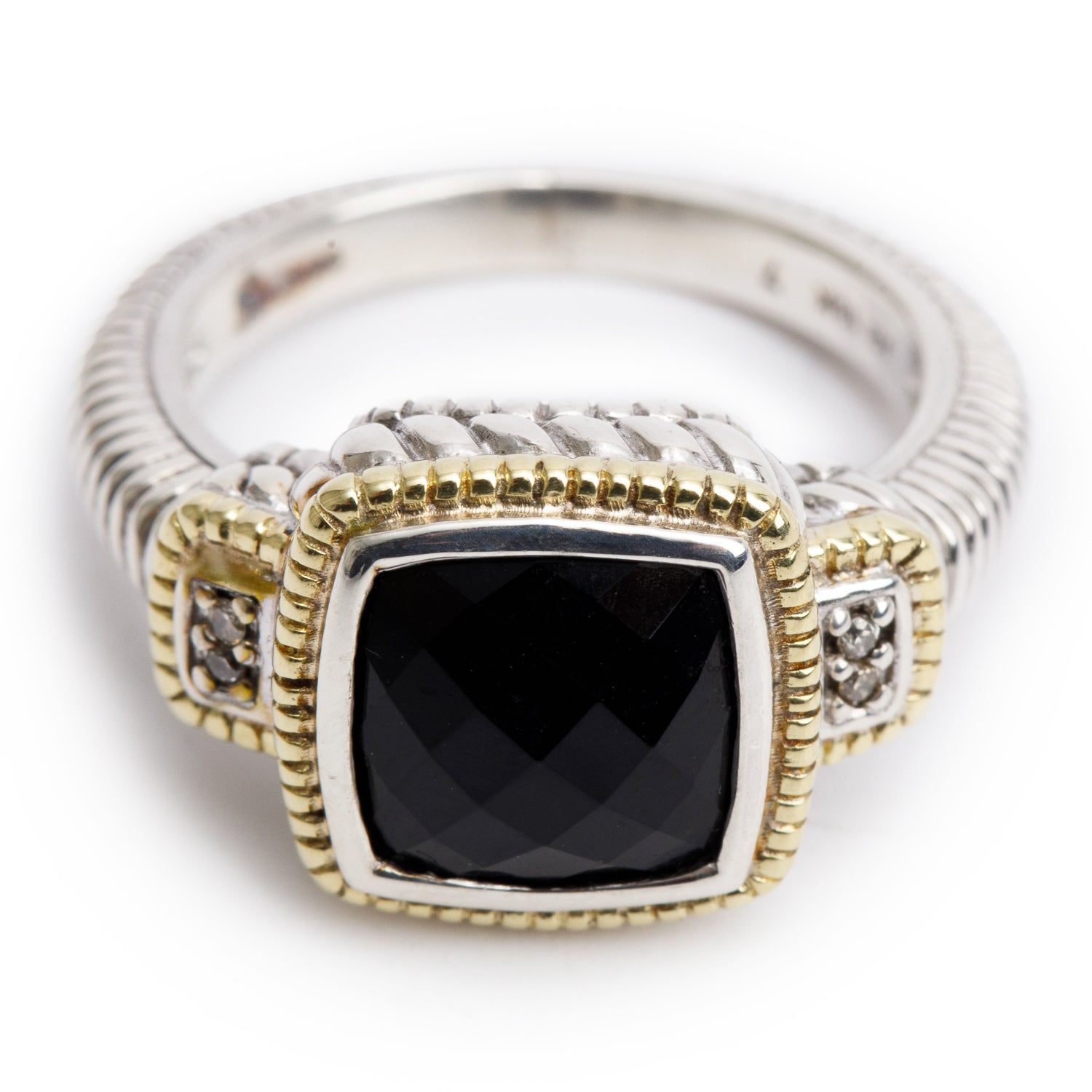 Judith Ripka Sterling Silver & 18k Yellow Gold Onyx and Diamond Cocktail Ring, Size 6