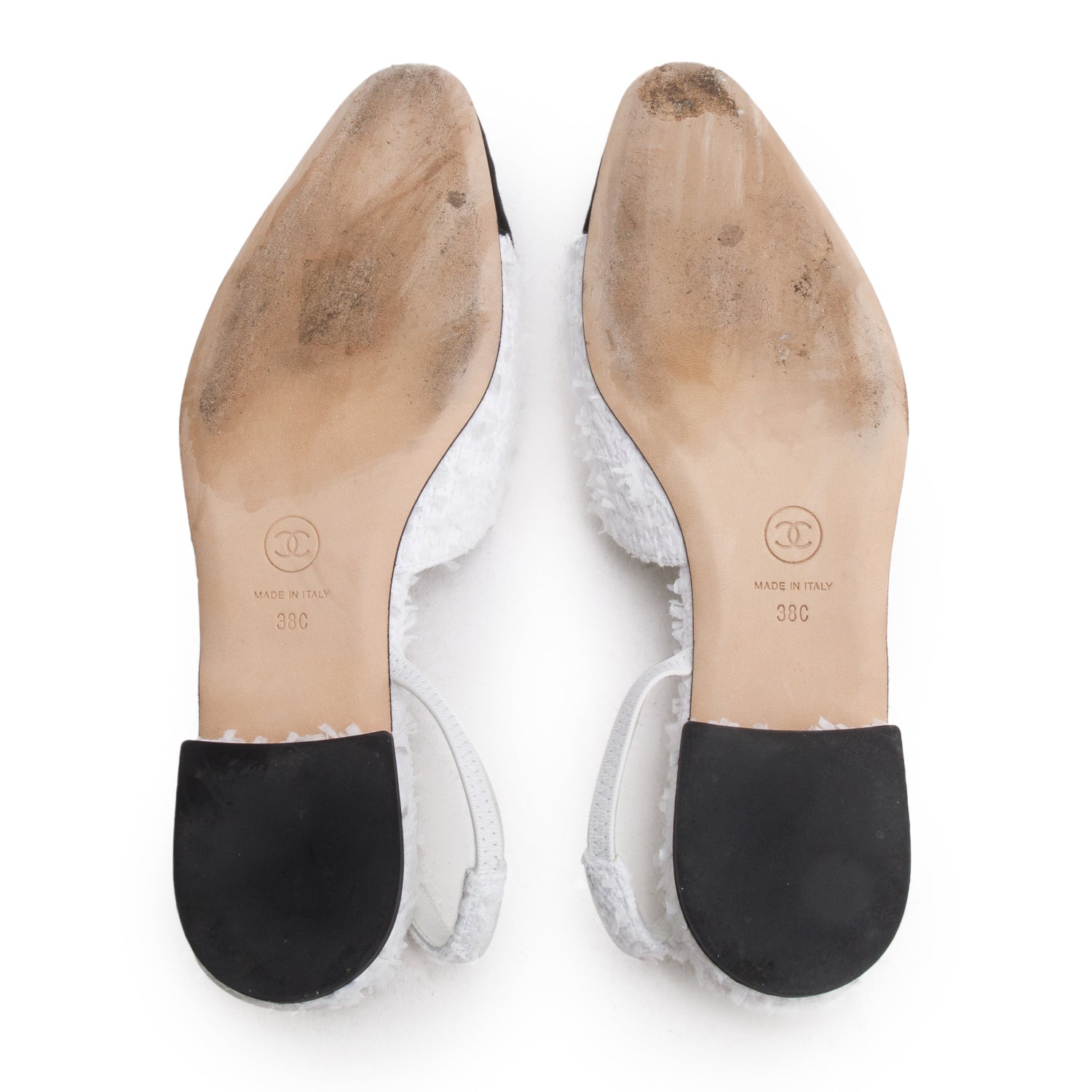 Chanel White Tweed Cap Toe CC Slingback Flat, Size 38 w/ Box