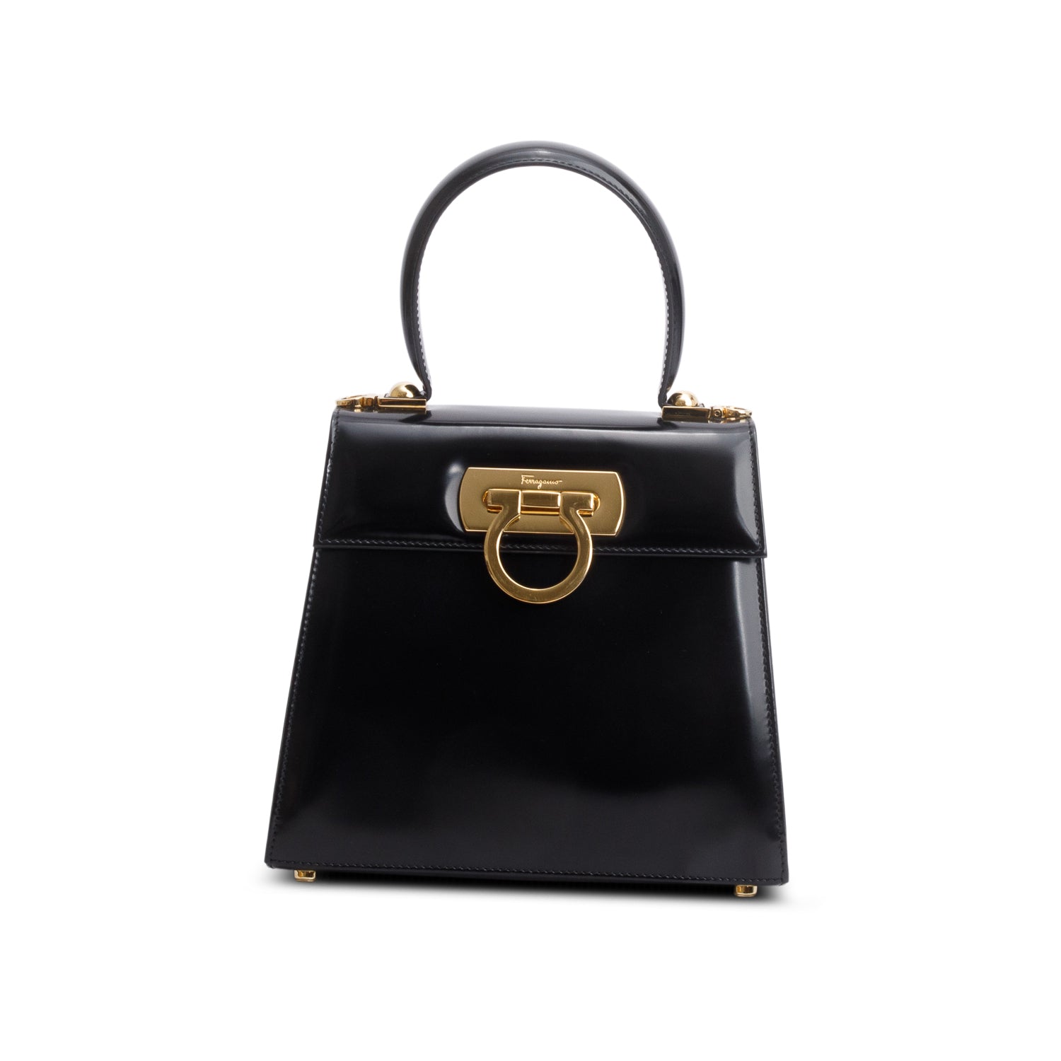 Ferragamo 2023 Black Brushed Off Calfskin Small Iconic Top Handle Bag w/ Box, Strap & Receipt