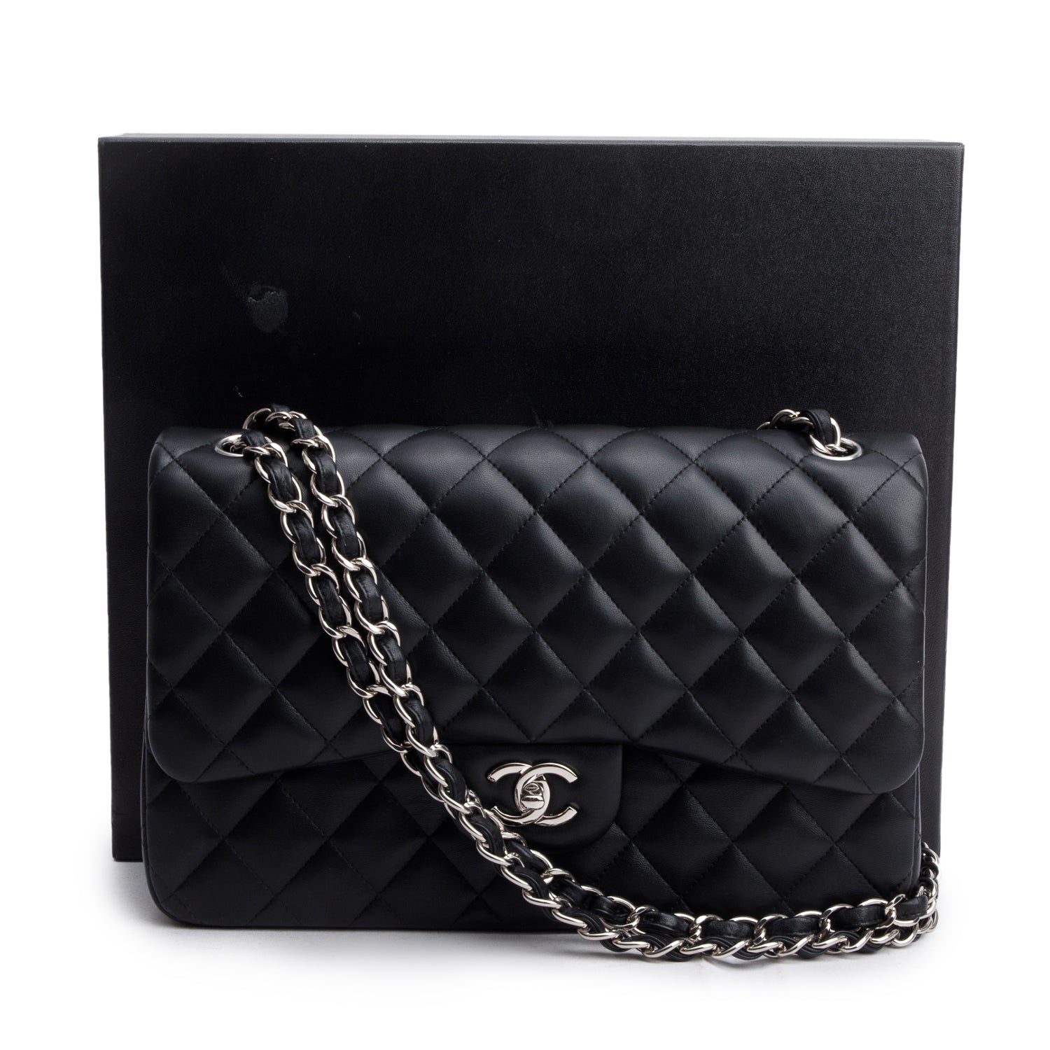 Chanel Black Quilted Lambskin Leather Jumbo Double Flap Bag w/ Box & Authenticity Card