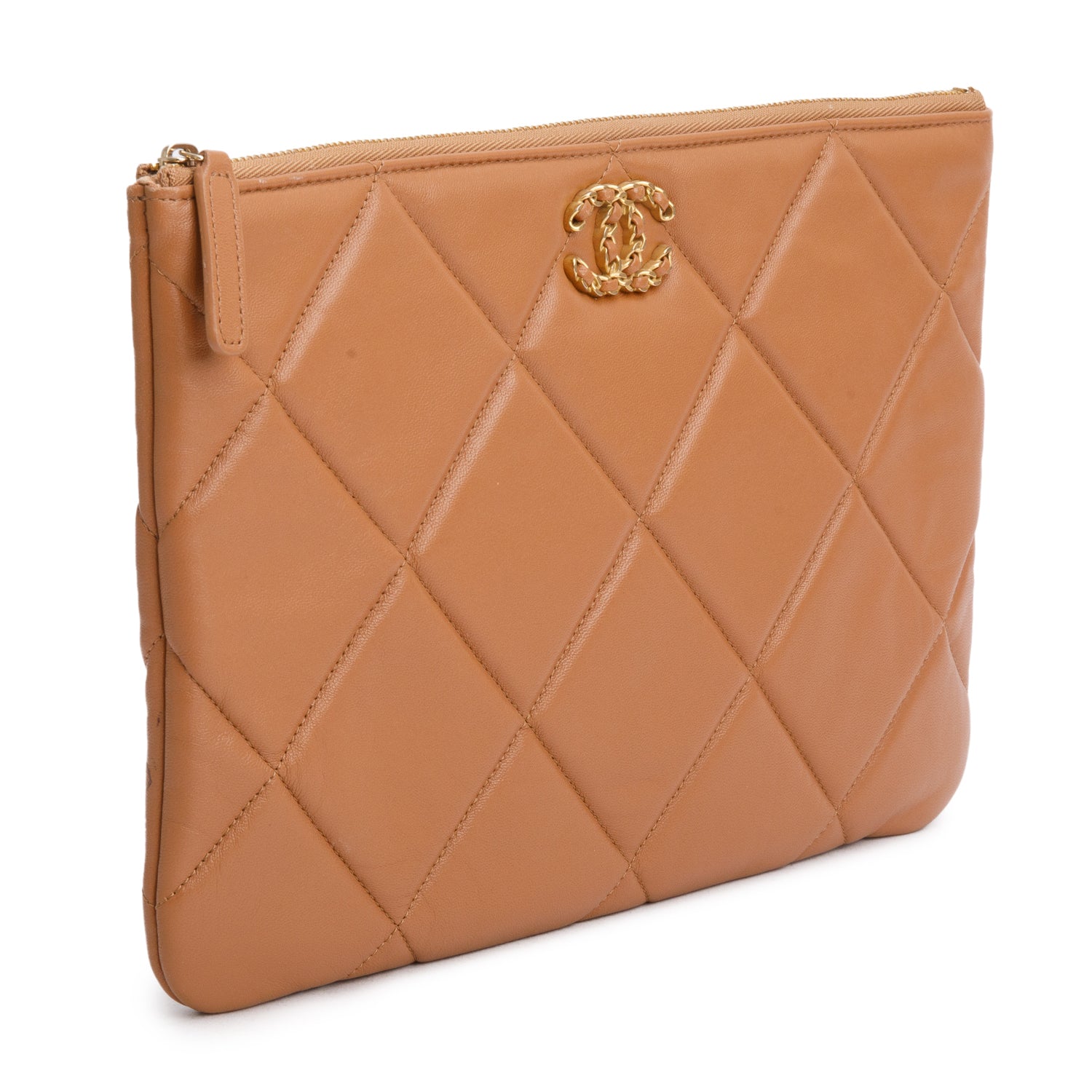 Chanel Beige Quilted Lambskin Leather Large 19 Pouch