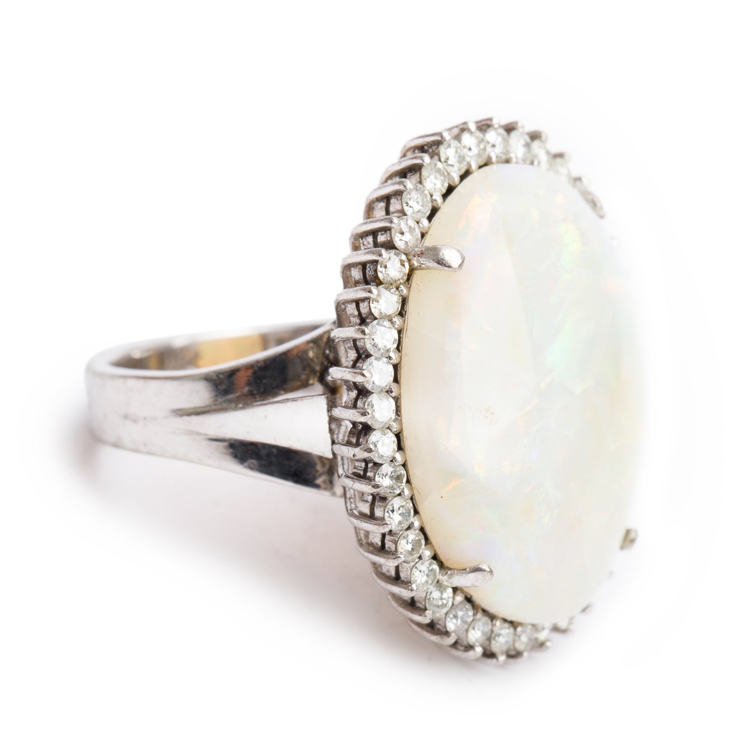 14k White Gold Opal and Diamond Cocktail Ring, Size 5