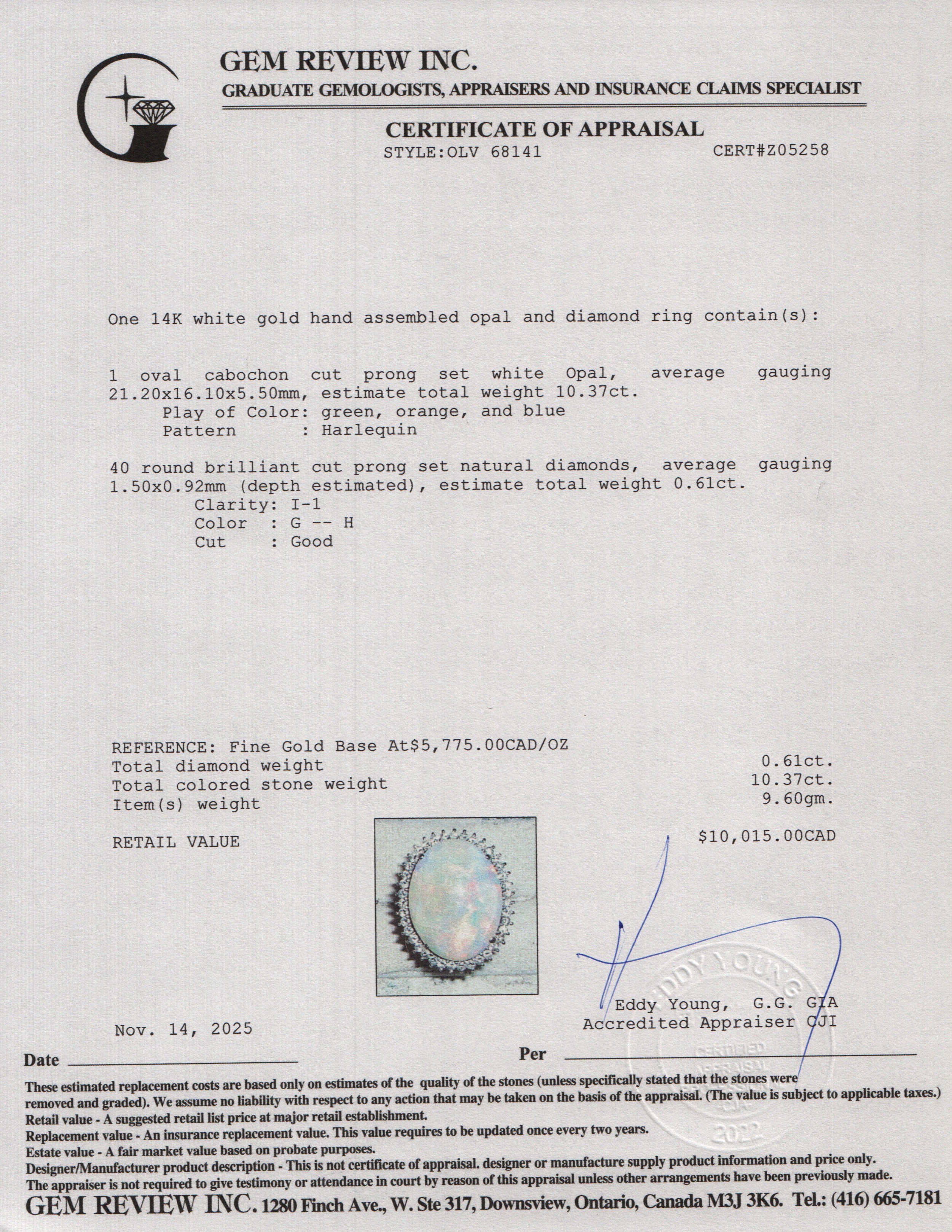 14k White Gold Opal and Diamond Cocktail Ring, Size 5