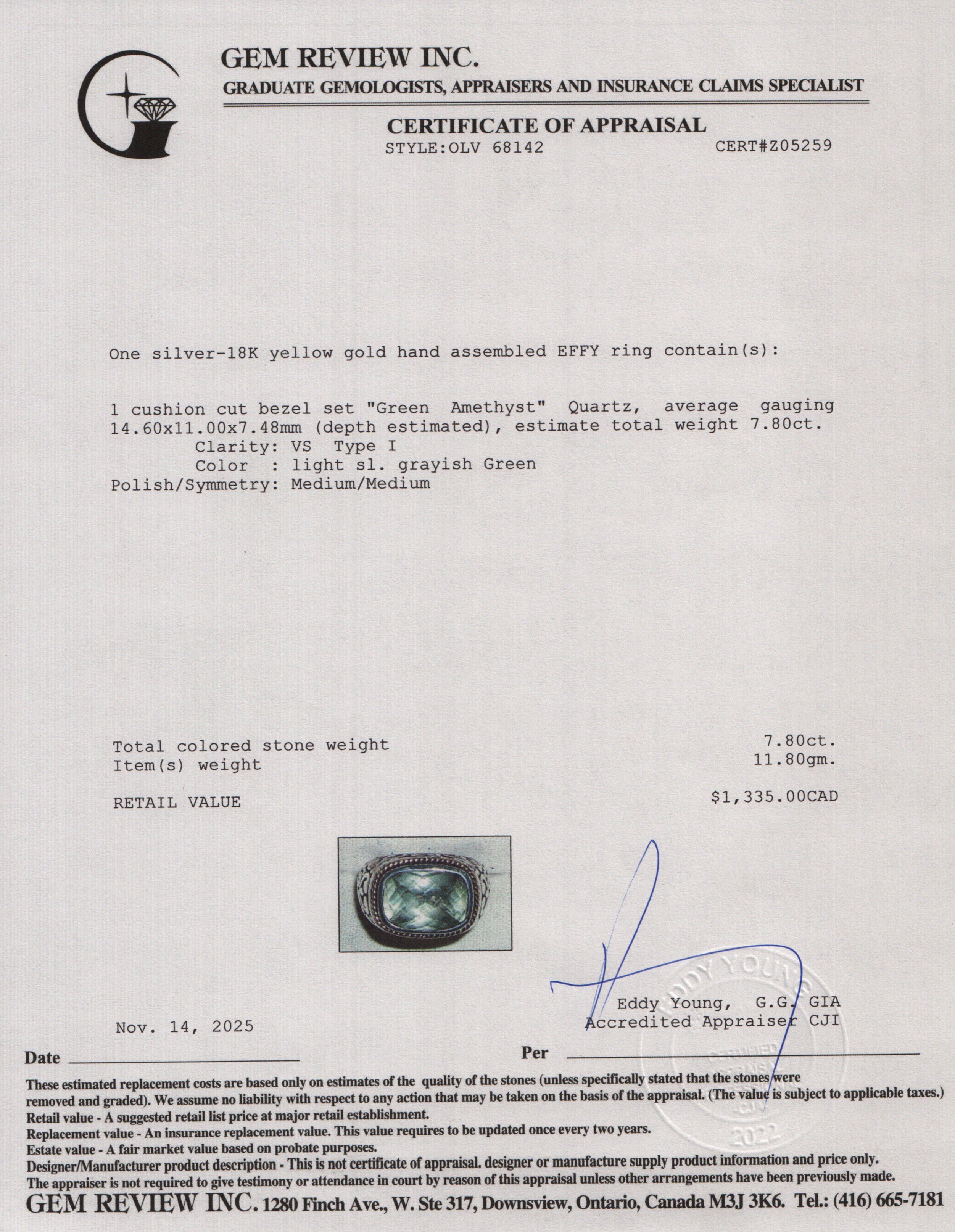 Effy Sterling Silver & 18k Yellow Gold Green Amethyst Ring, Size 7