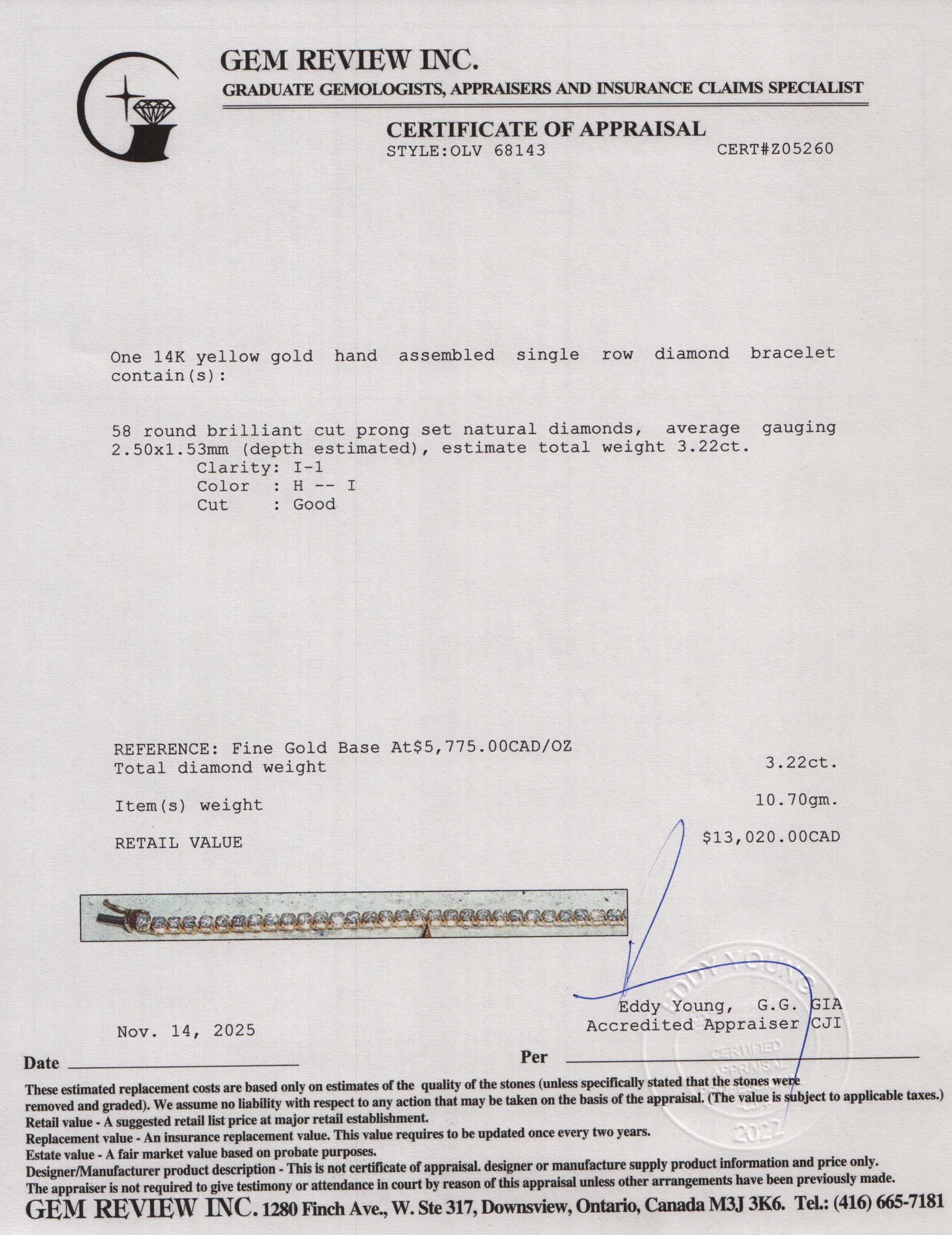 14k Yellow Gold 3.22 tcw. Diamond Tennis Bracelet