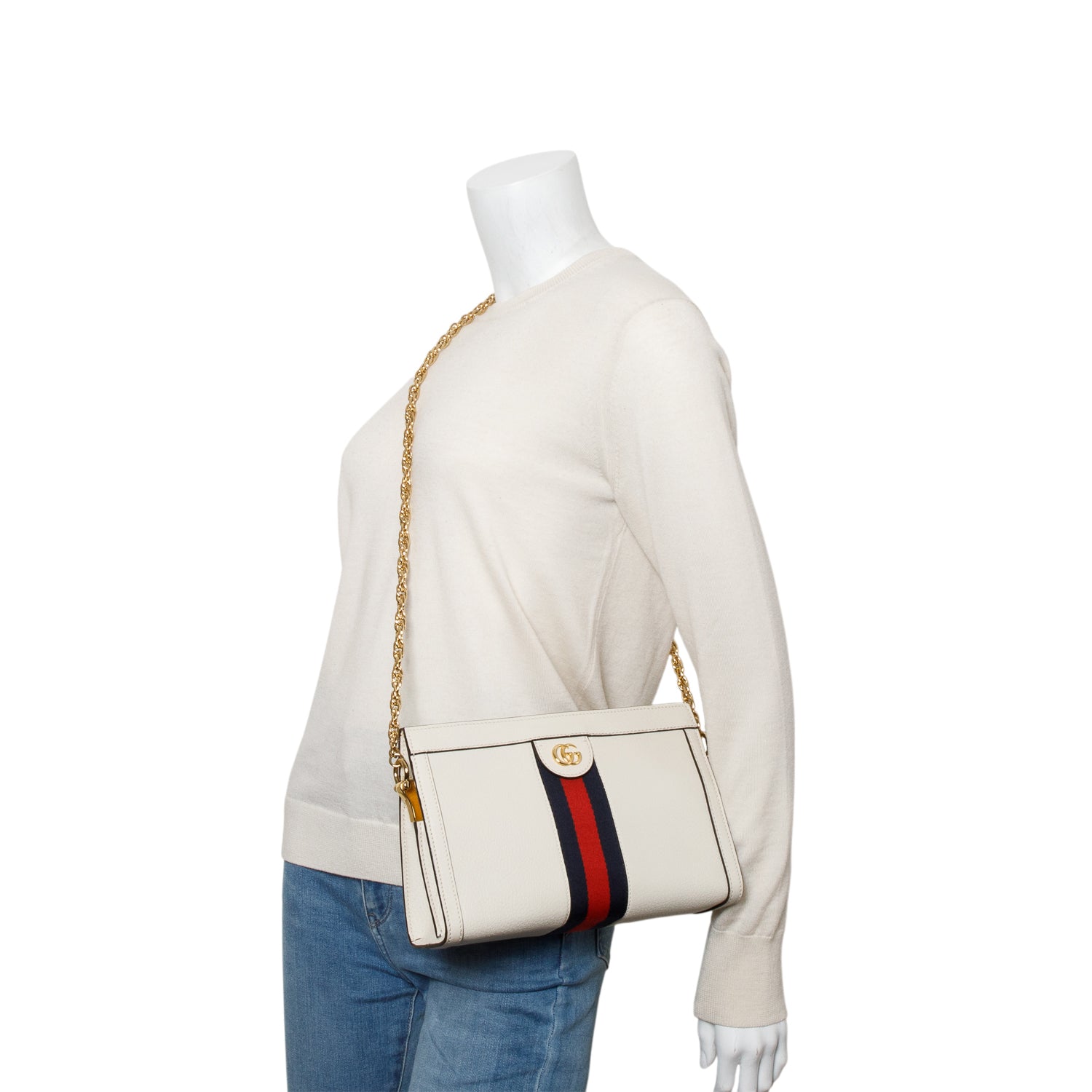 Gucci Cream Textured Calfskin Web Medium Ophidia Chain Shoulder Bag