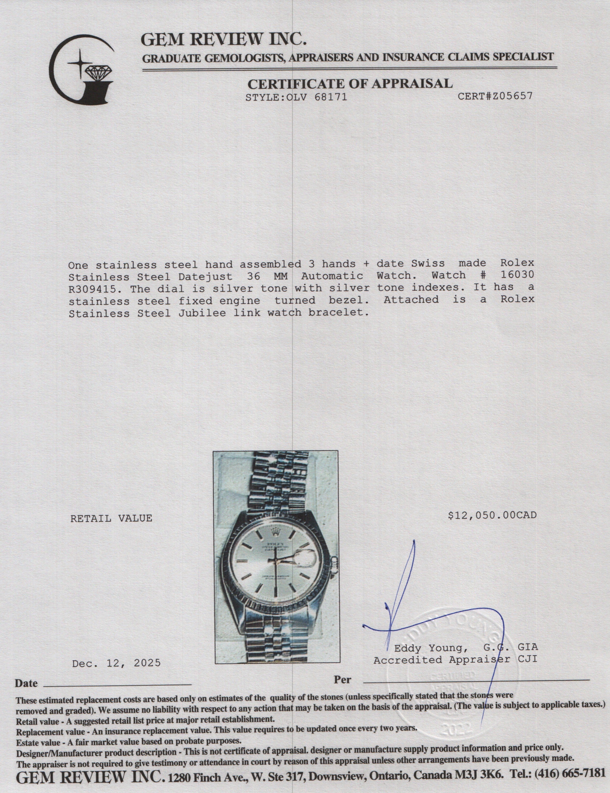 Rolex Stainless Steel Datejust 36 MM Automatic Watch 16030 w/ Box & Papers