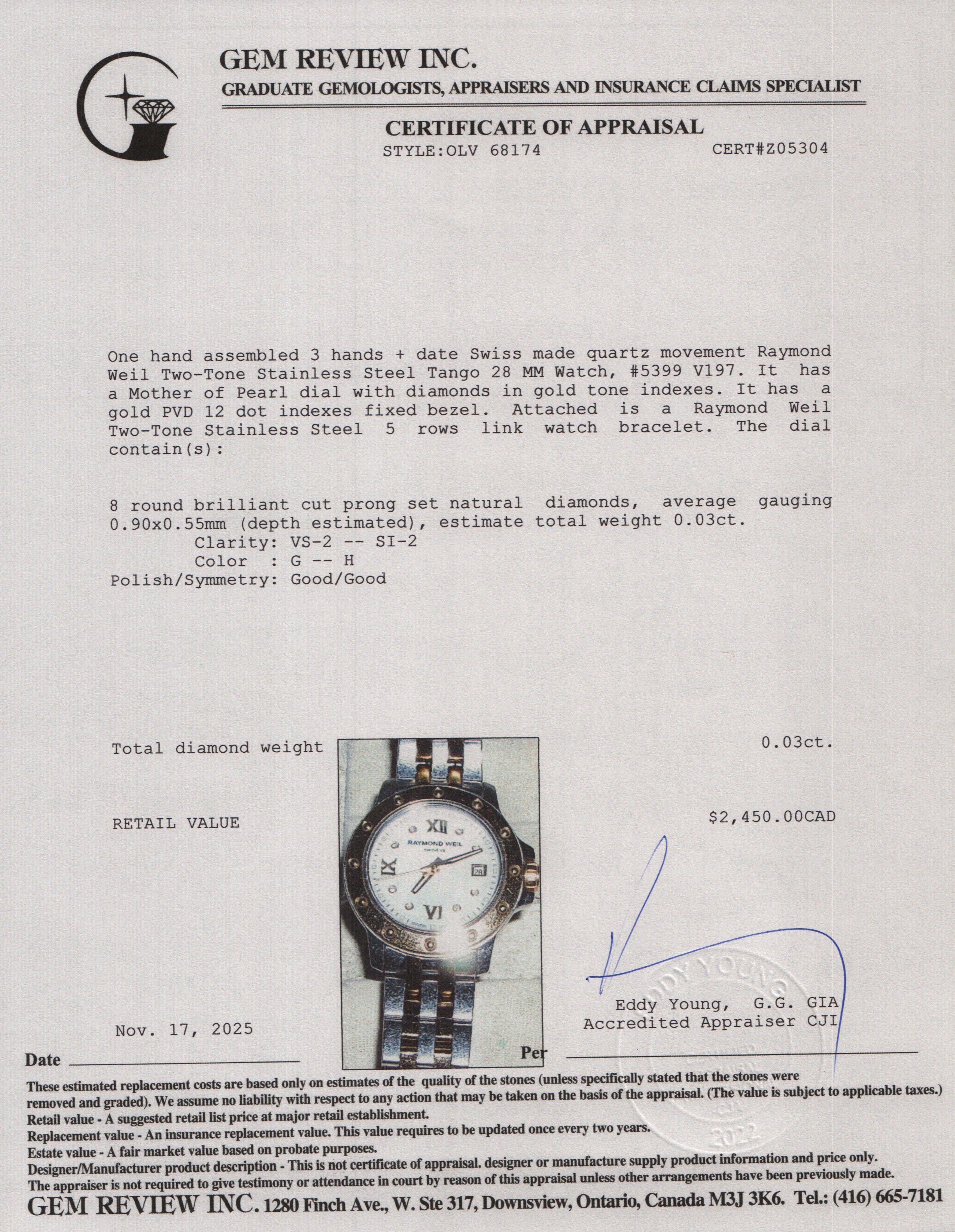 Raymond Weil Two-Tone Stainless Steel Tango 28 MM Watch White Diamond Dial 5399