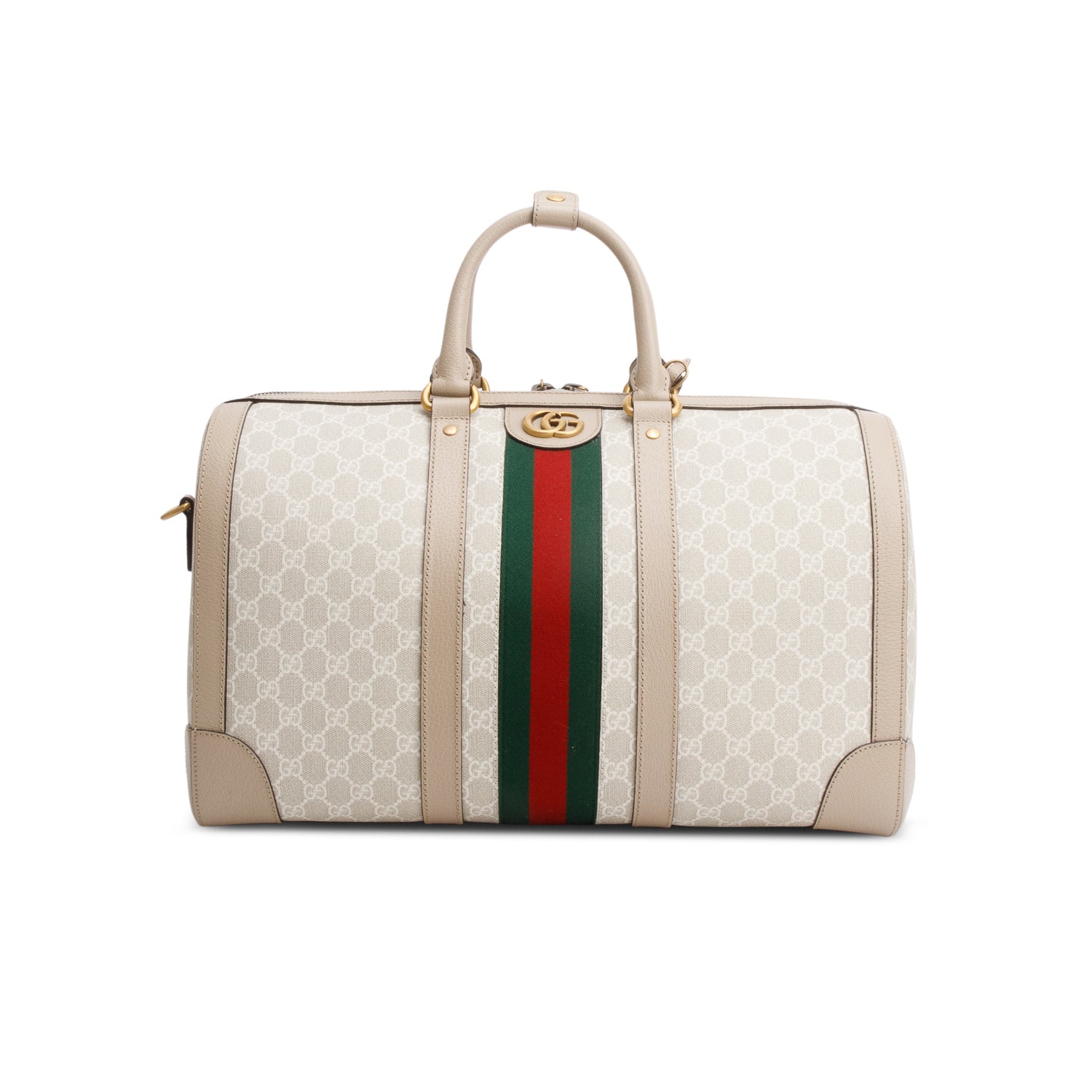 Gucci Beige GG Supreme Monogram Textured Dollar Calfskin Medium Savoy Duffle Bag w/ Strap