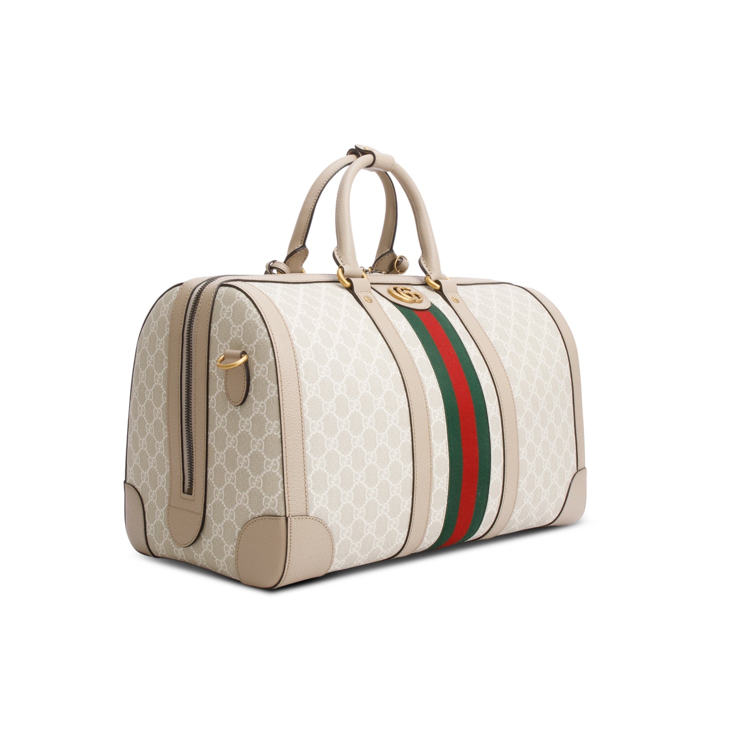 Gucci Beige GG Supreme Monogram Textured Dollar Calfskin Medium Savoy Duffle Bag w/ Strap
